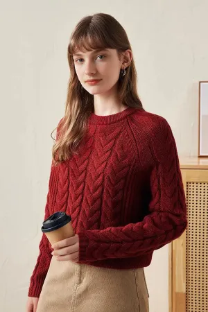 100 Wool Chunky Knit Cable Crew Neck Sweater