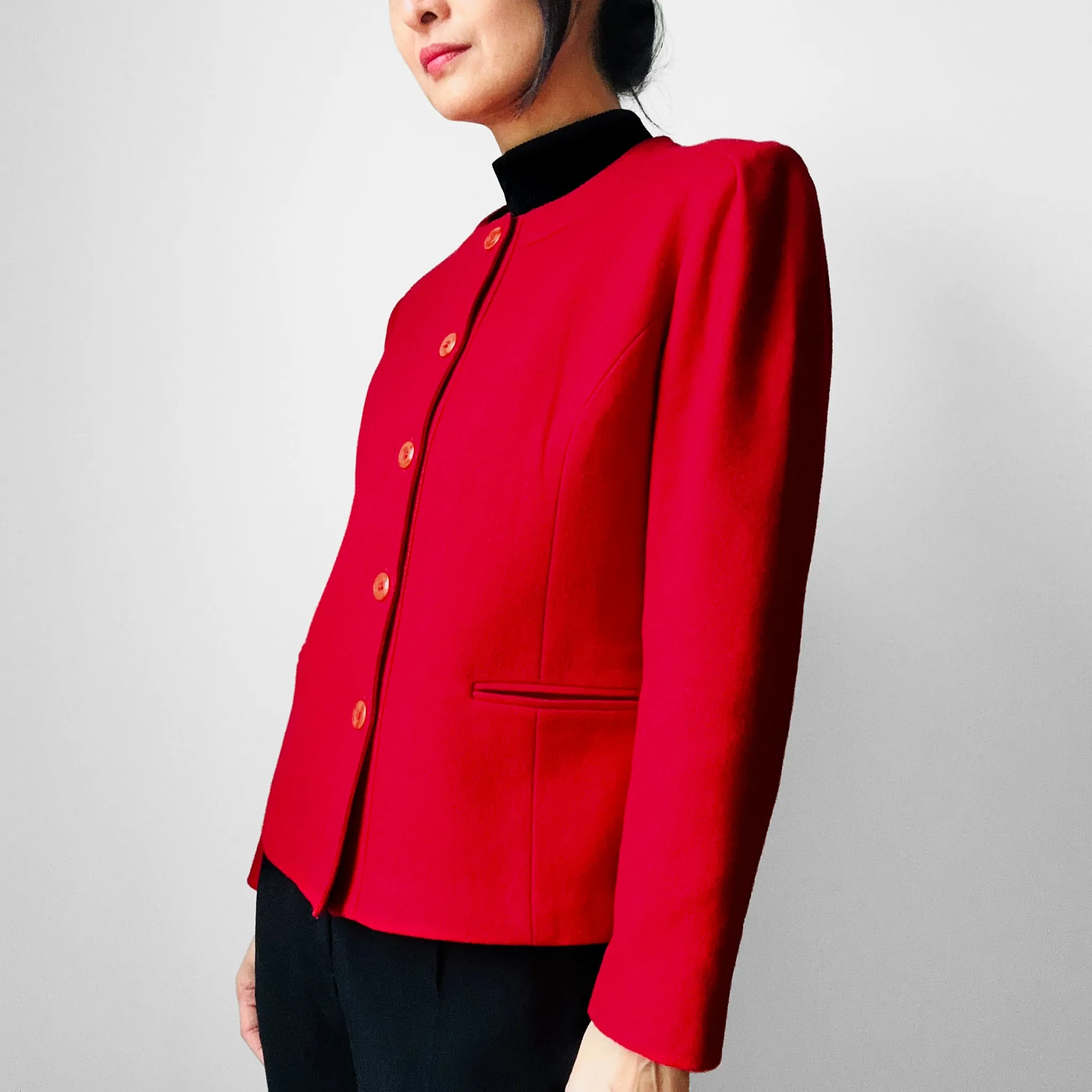 1970s - 1980s Red Wool Blend Button Front Collarless Jacket - Sz. S