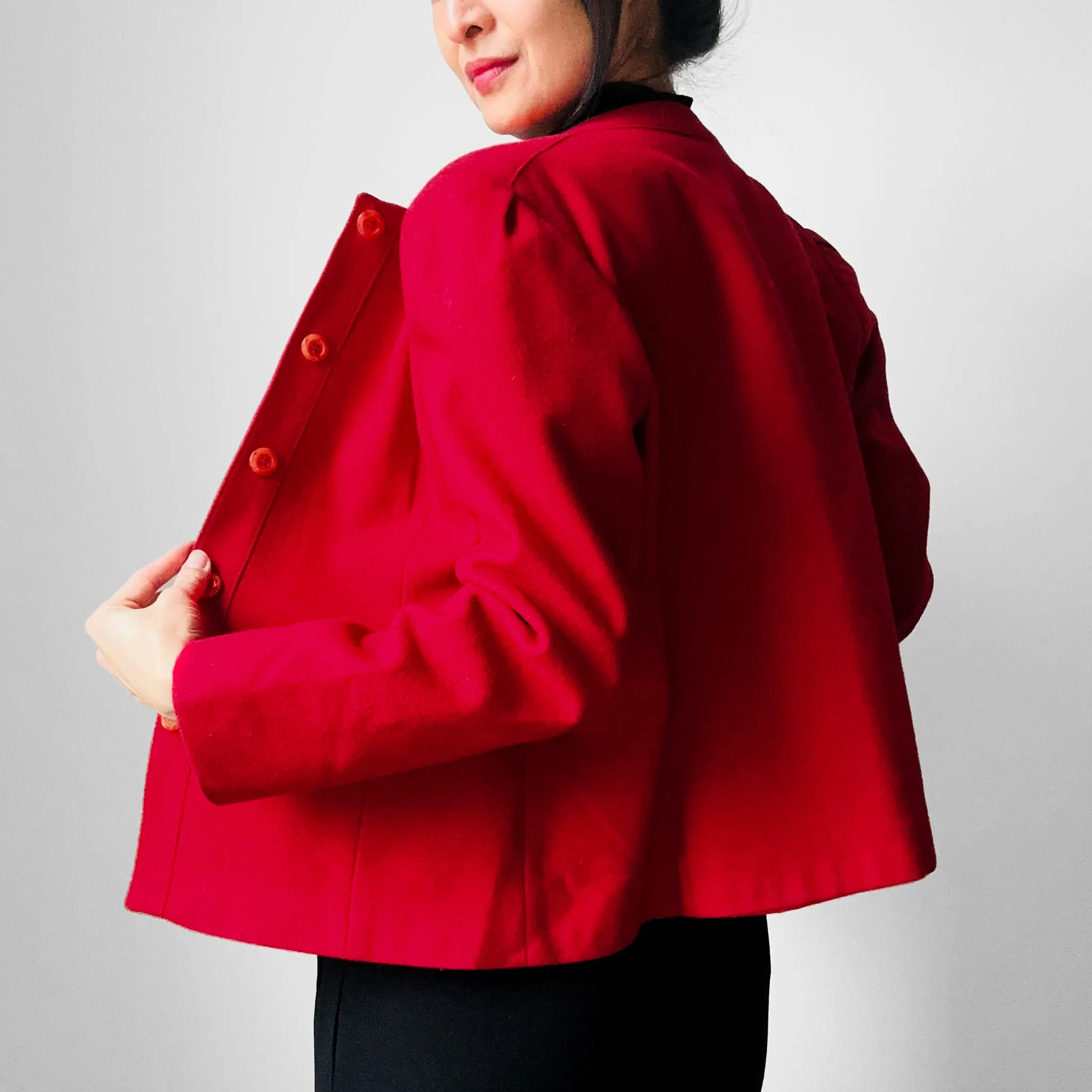 1970s - 1980s Red Wool Blend Button Front Collarless Jacket - Sz. S