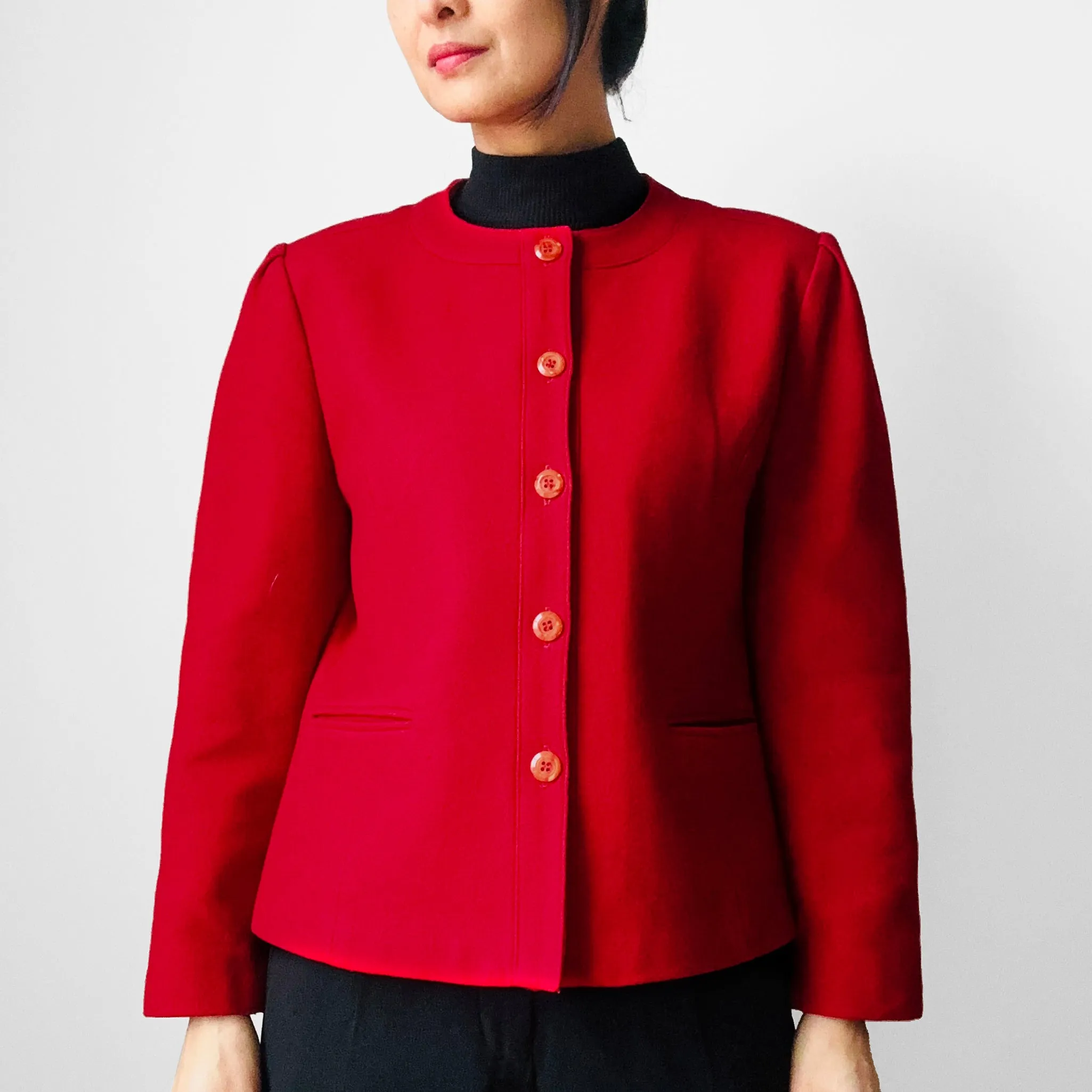 1970s - 1980s Red Wool Blend Button Front Collarless Jacket - Sz. S