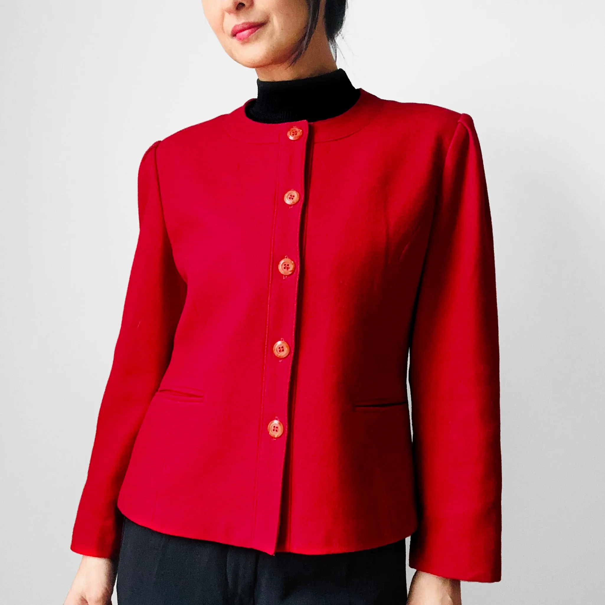 1970s - 1980s Red Wool Blend Button Front Collarless Jacket - Sz. S