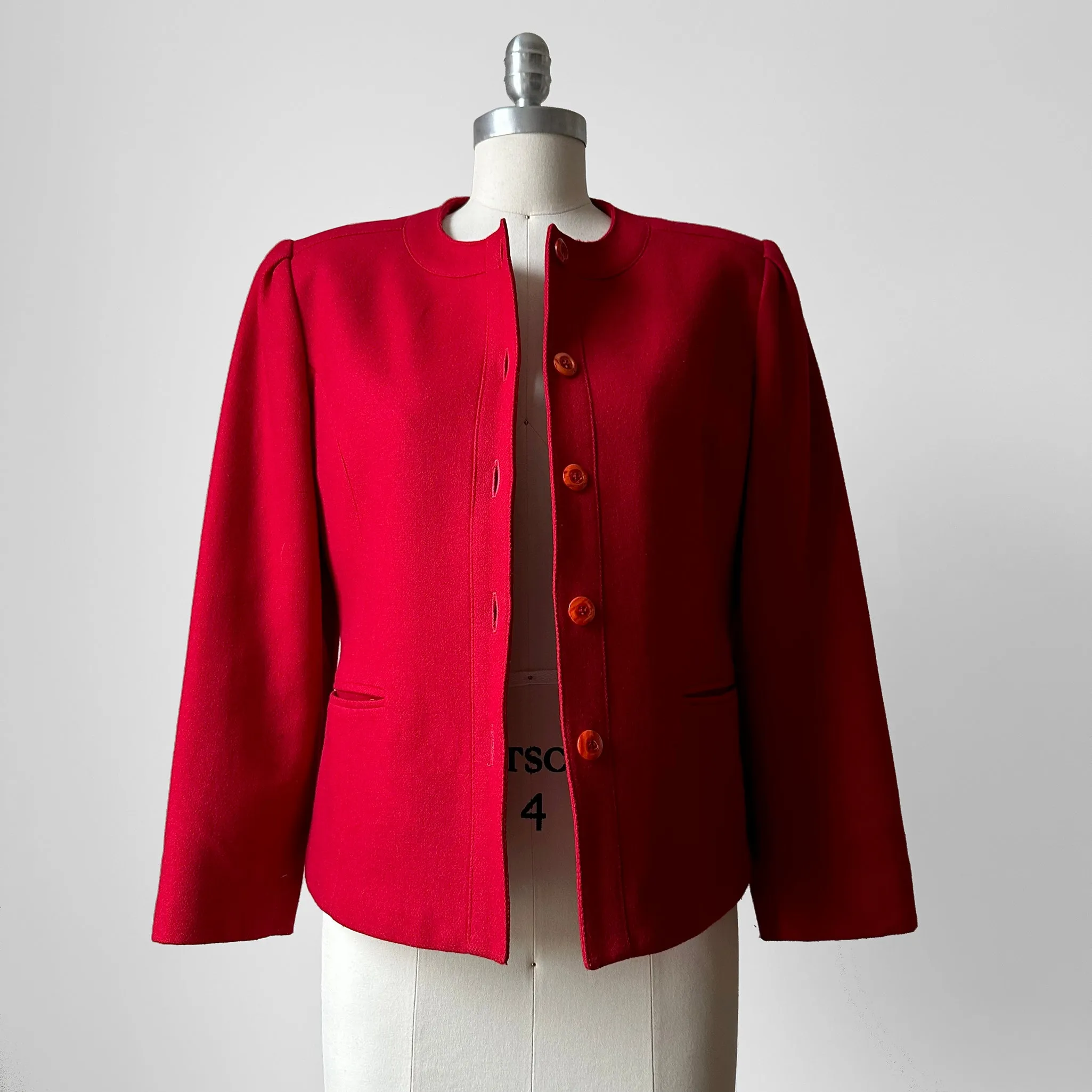 1970s - 1980s Red Wool Blend Button Front Collarless Jacket - Sz. S