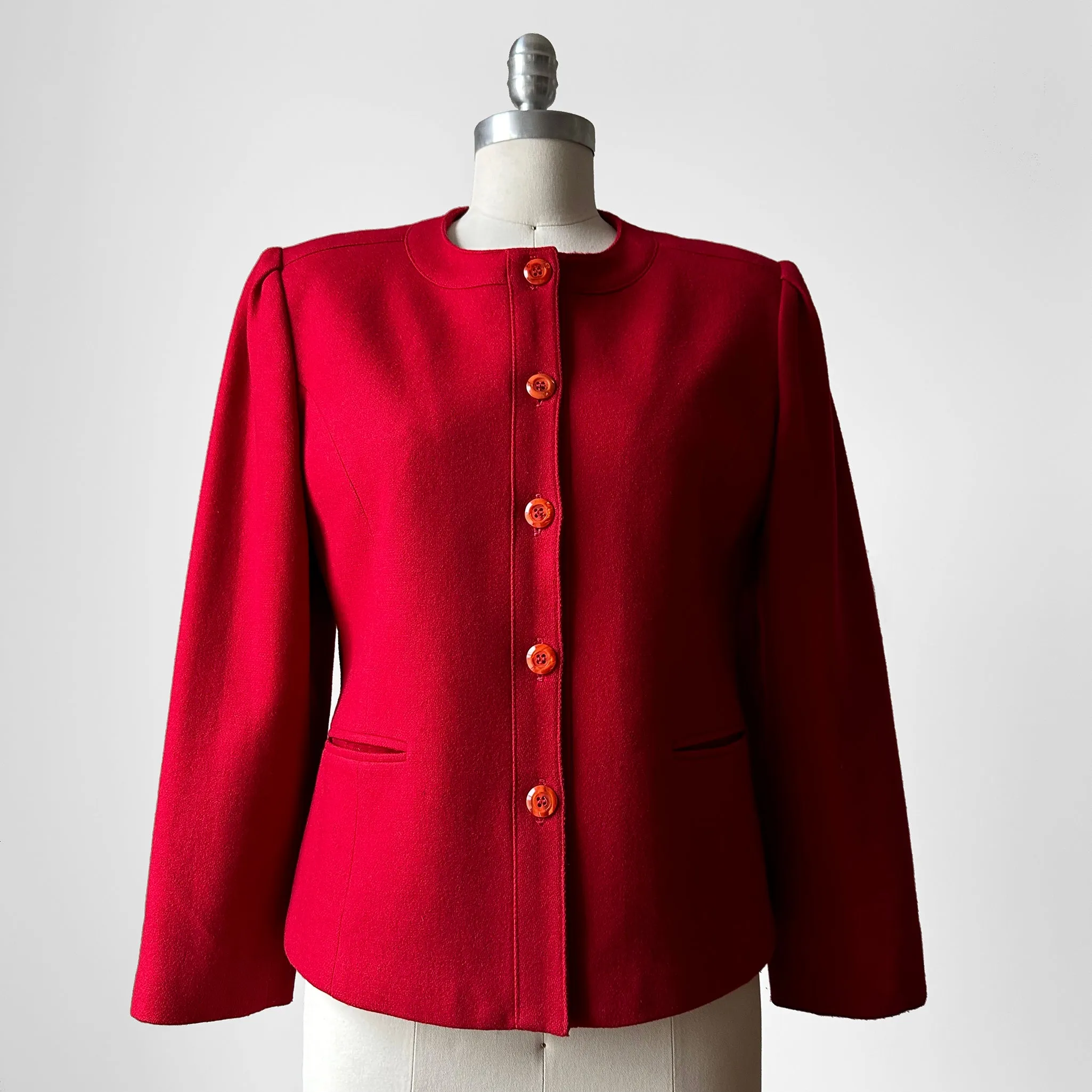 1970s - 1980s Red Wool Blend Button Front Collarless Jacket - Sz. S