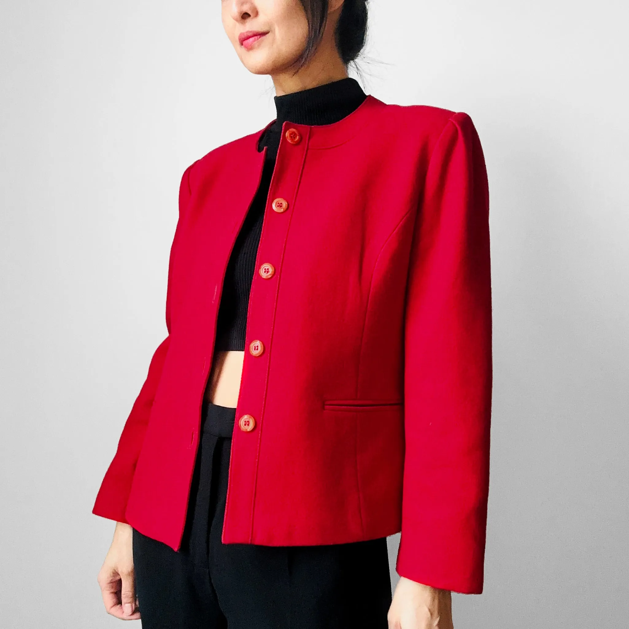 1970s - 1980s Red Wool Blend Button Front Collarless Jacket - Sz. S