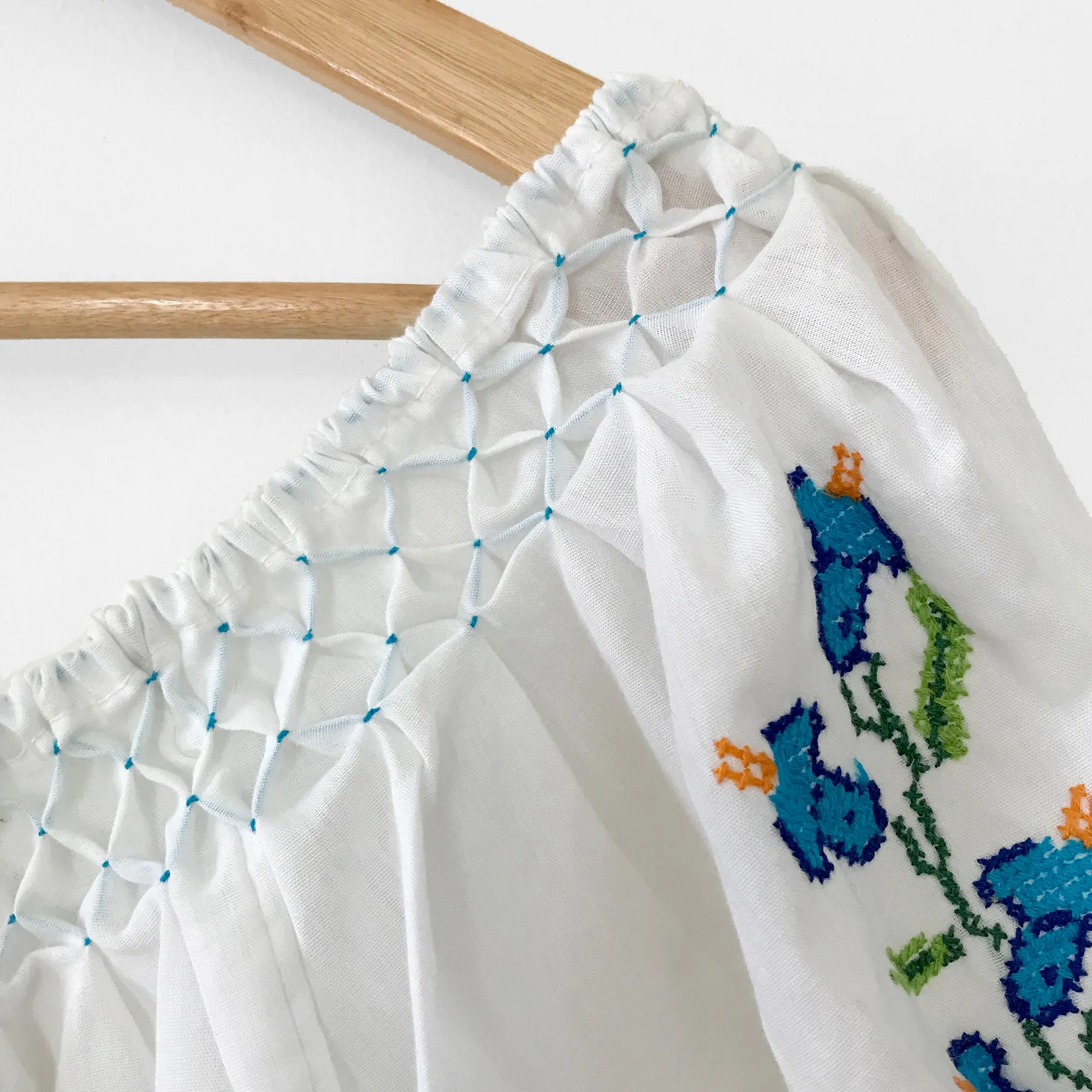 1970s White and Blue Floral Cross-Stitched Puff-Sleeve Handmade Summer Top