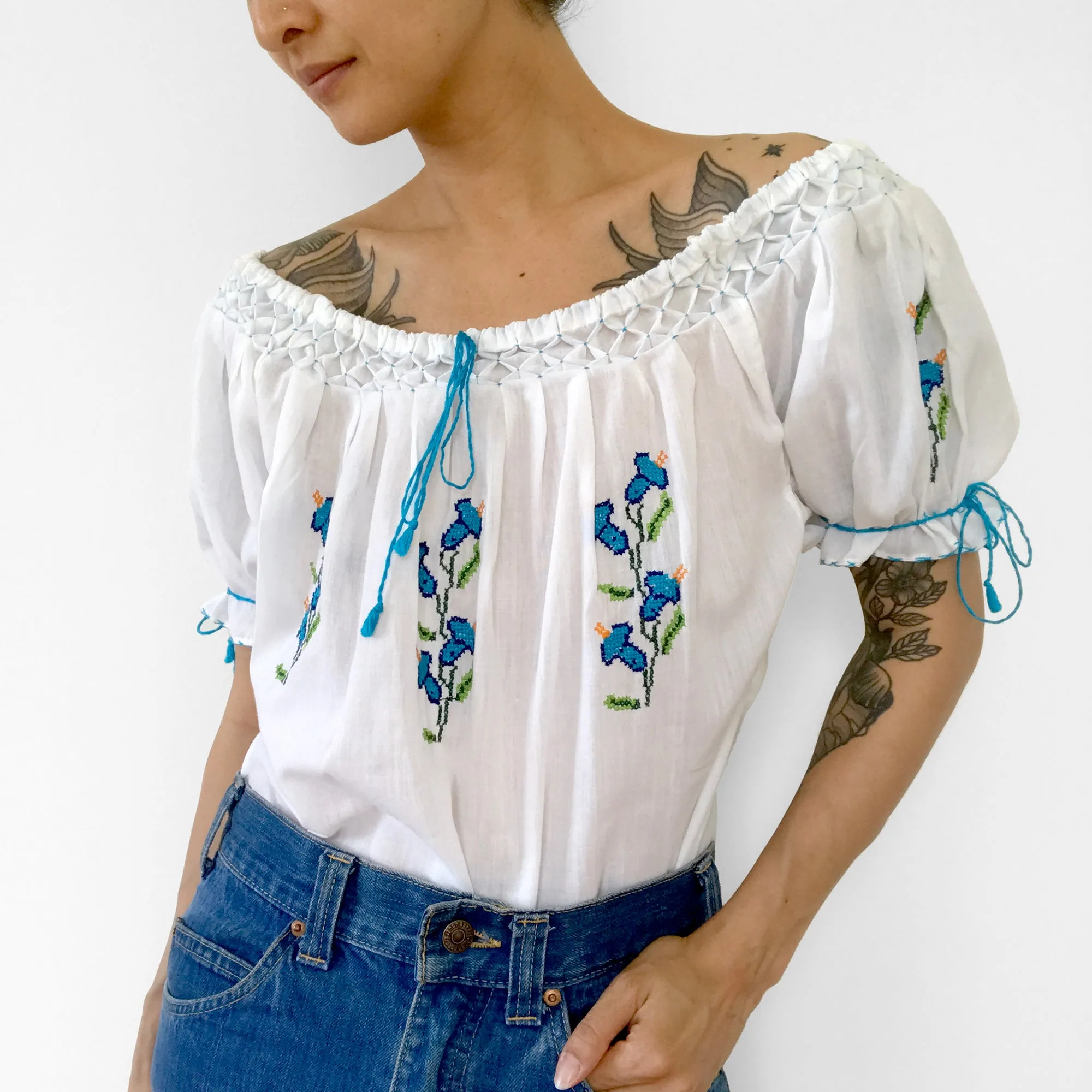 1970s White and Blue Floral Cross-Stitched Puff-Sleeve Handmade Summer Top