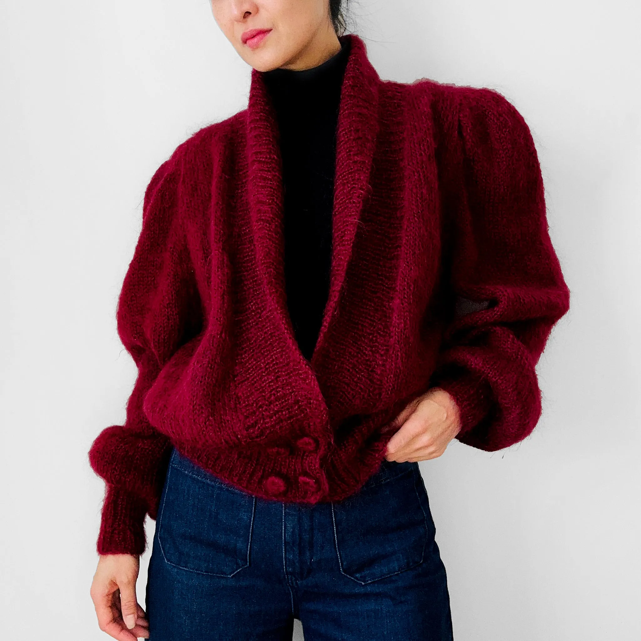 1980s Deep Wine Red Suttles & Seawind Made in Canada Mohair Knit Statement Cardigan Sweater