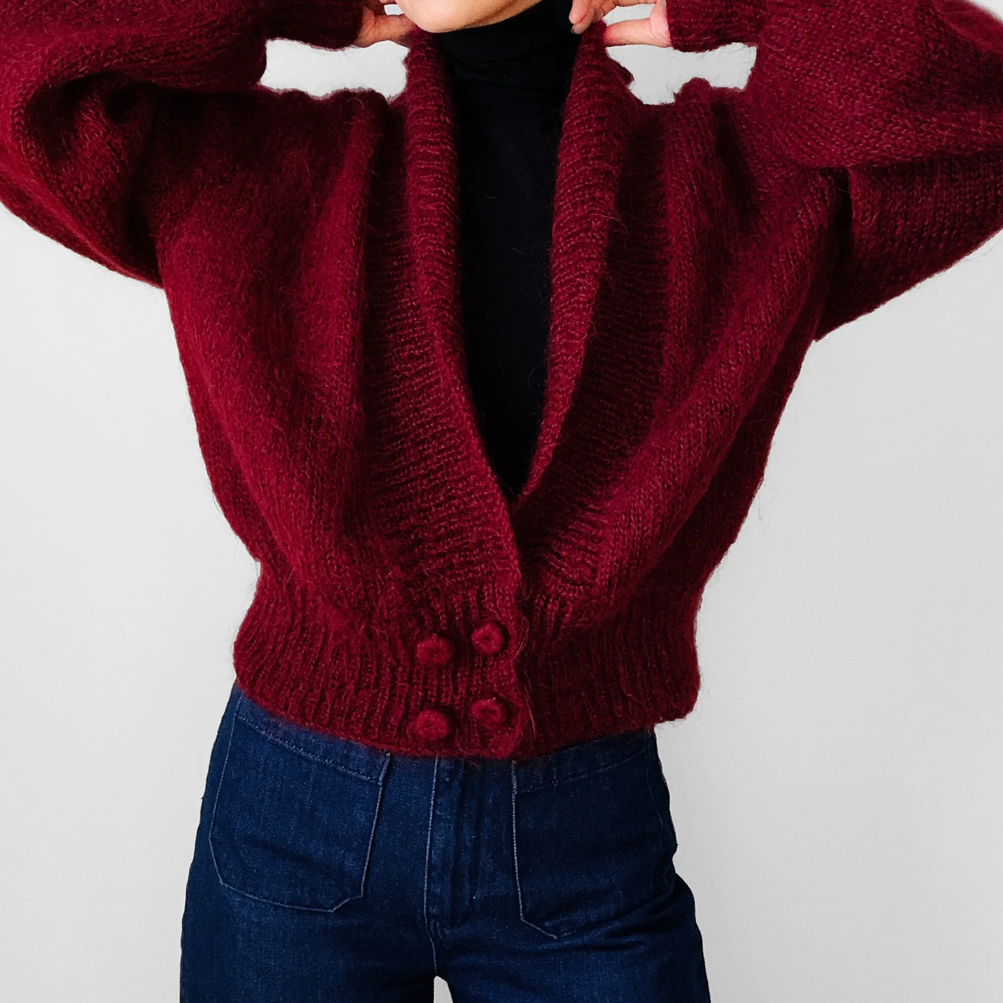 1980s Deep Wine Red Suttles & Seawind Made in Canada Mohair Knit Statement Cardigan Sweater