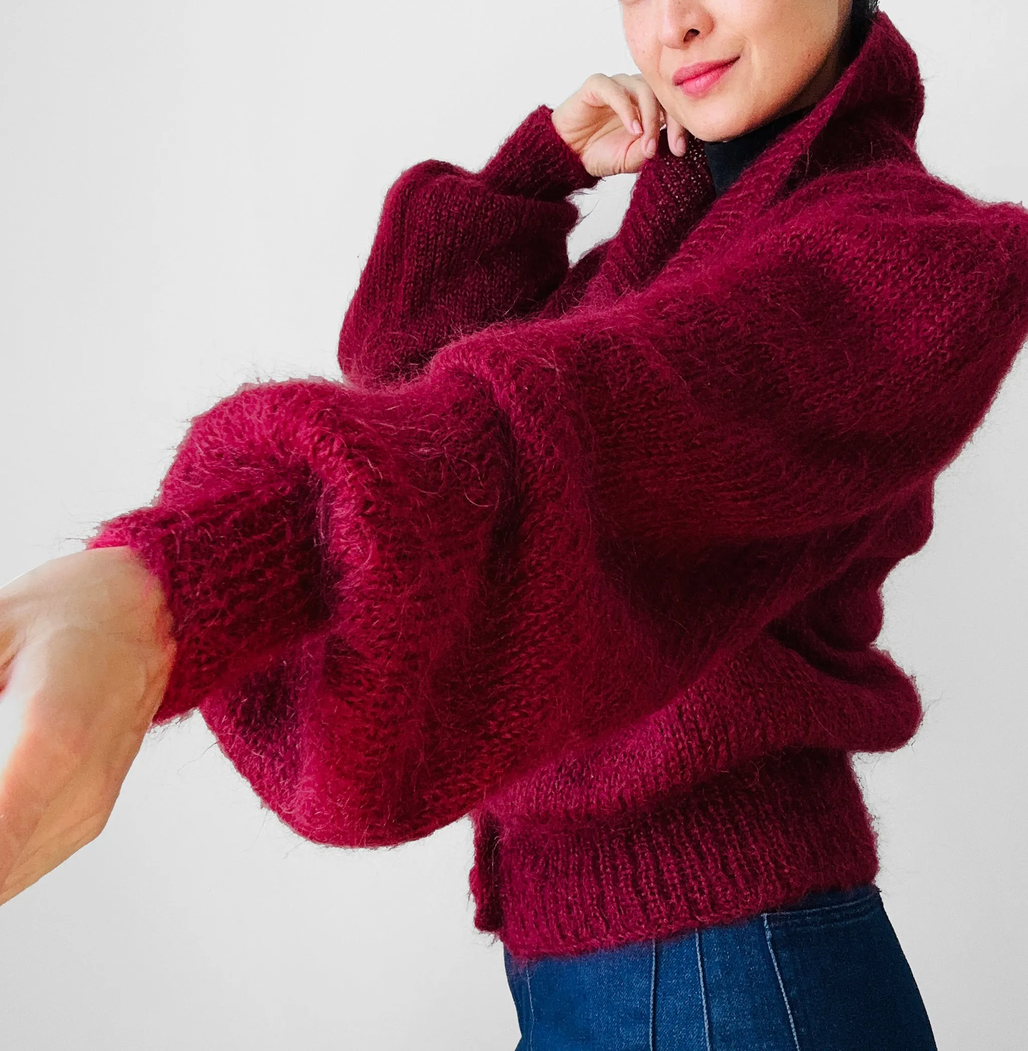 1980s Deep Wine Red Suttles & Seawind Made in Canada Mohair Knit Statement Cardigan Sweater