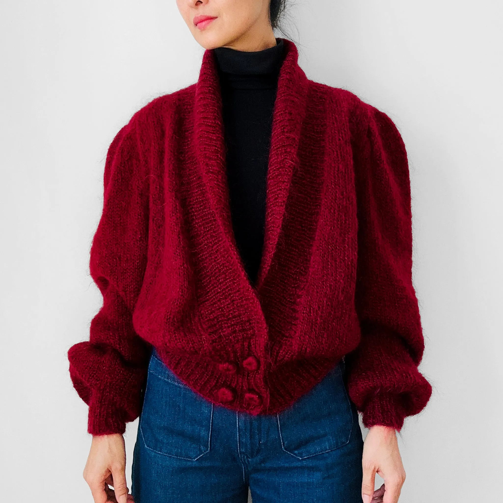 1980s Deep Wine Red Suttles & Seawind Made in Canada Mohair Knit Statement Cardigan Sweater