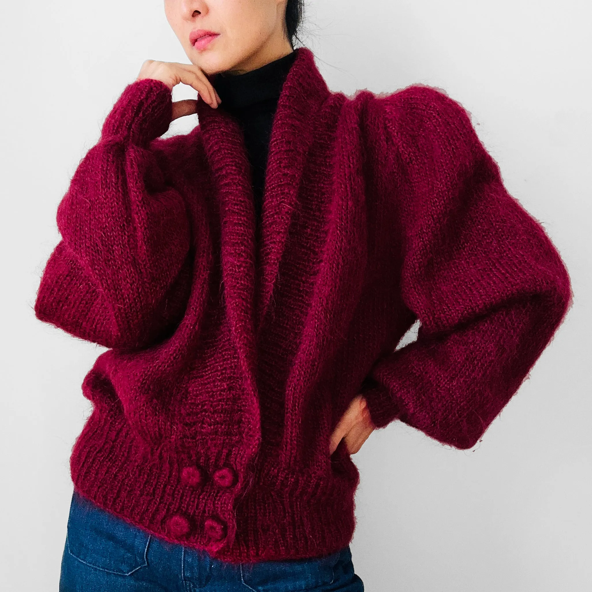 1980s Deep Wine Red Suttles & Seawind Made in Canada Mohair Knit Statement Cardigan Sweater