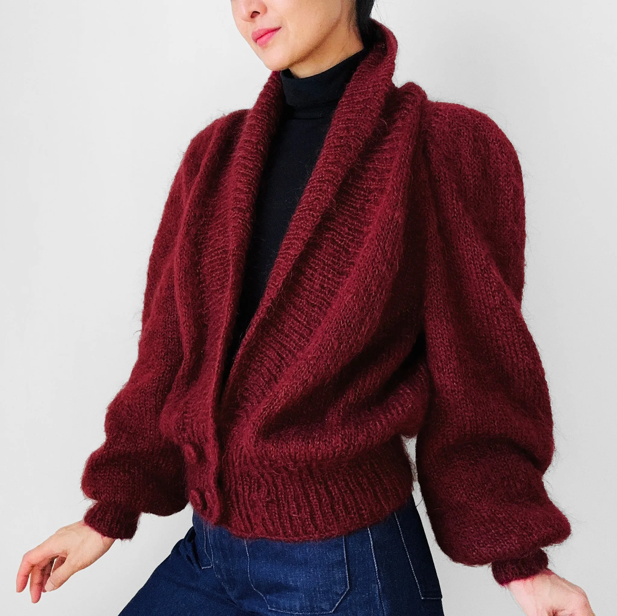 1980s Deep Wine Red Suttles & Seawind Made in Canada Mohair Knit Statement Cardigan Sweater