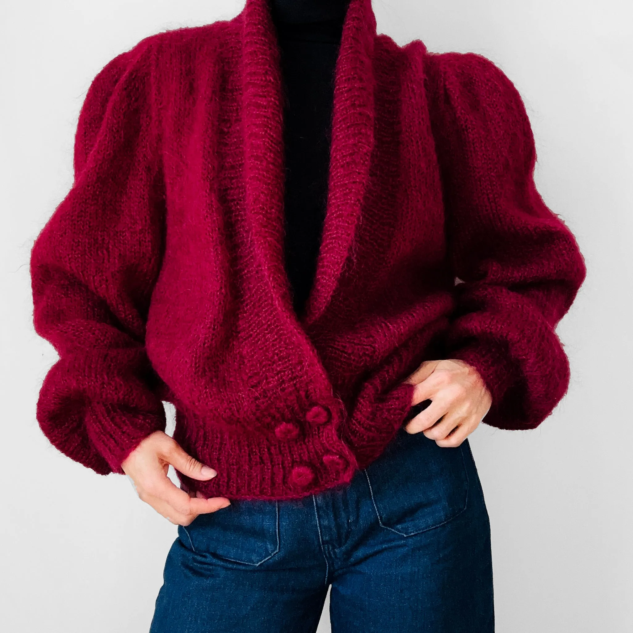1980s Deep Wine Red Suttles & Seawind Made in Canada Mohair Knit Statement Cardigan Sweater