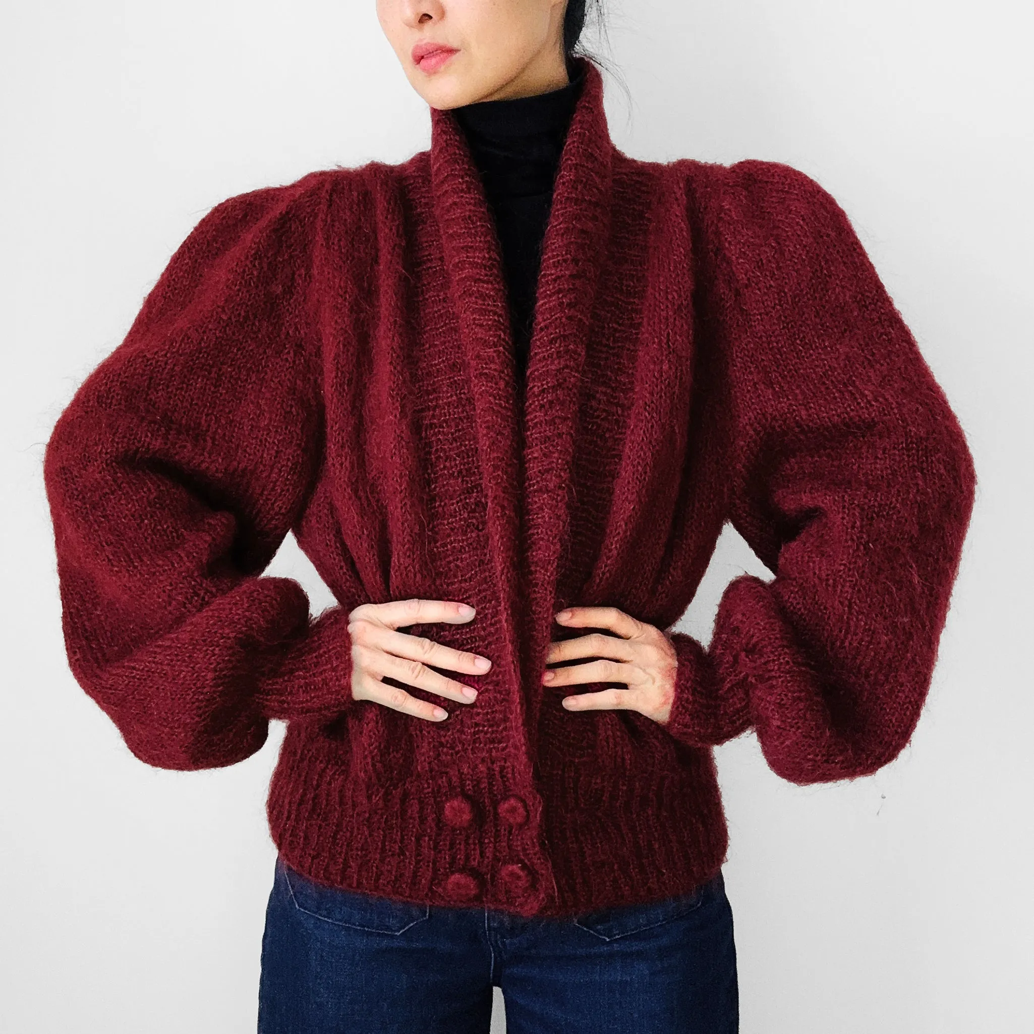 1980s Deep Wine Red Suttles & Seawind Made in Canada Mohair Knit Statement Cardigan Sweater