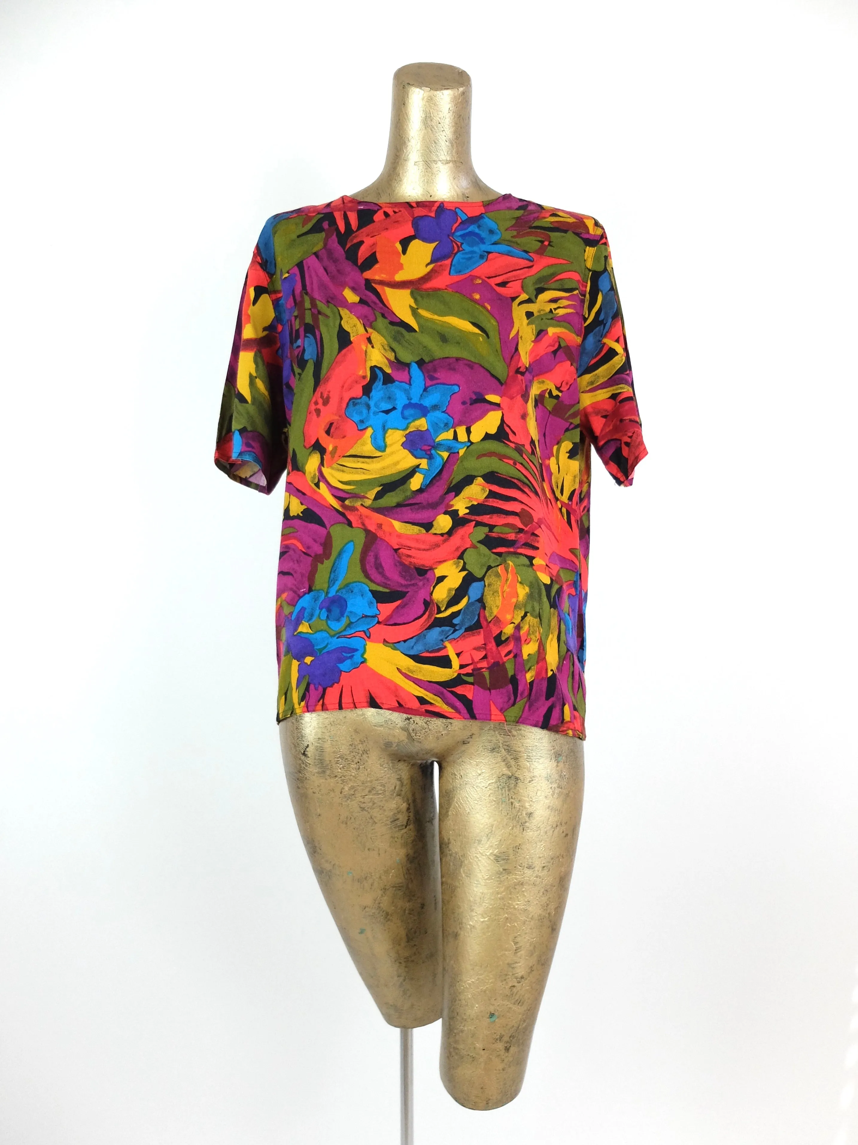 80s Floral Tropical Short Sleeve Blouse