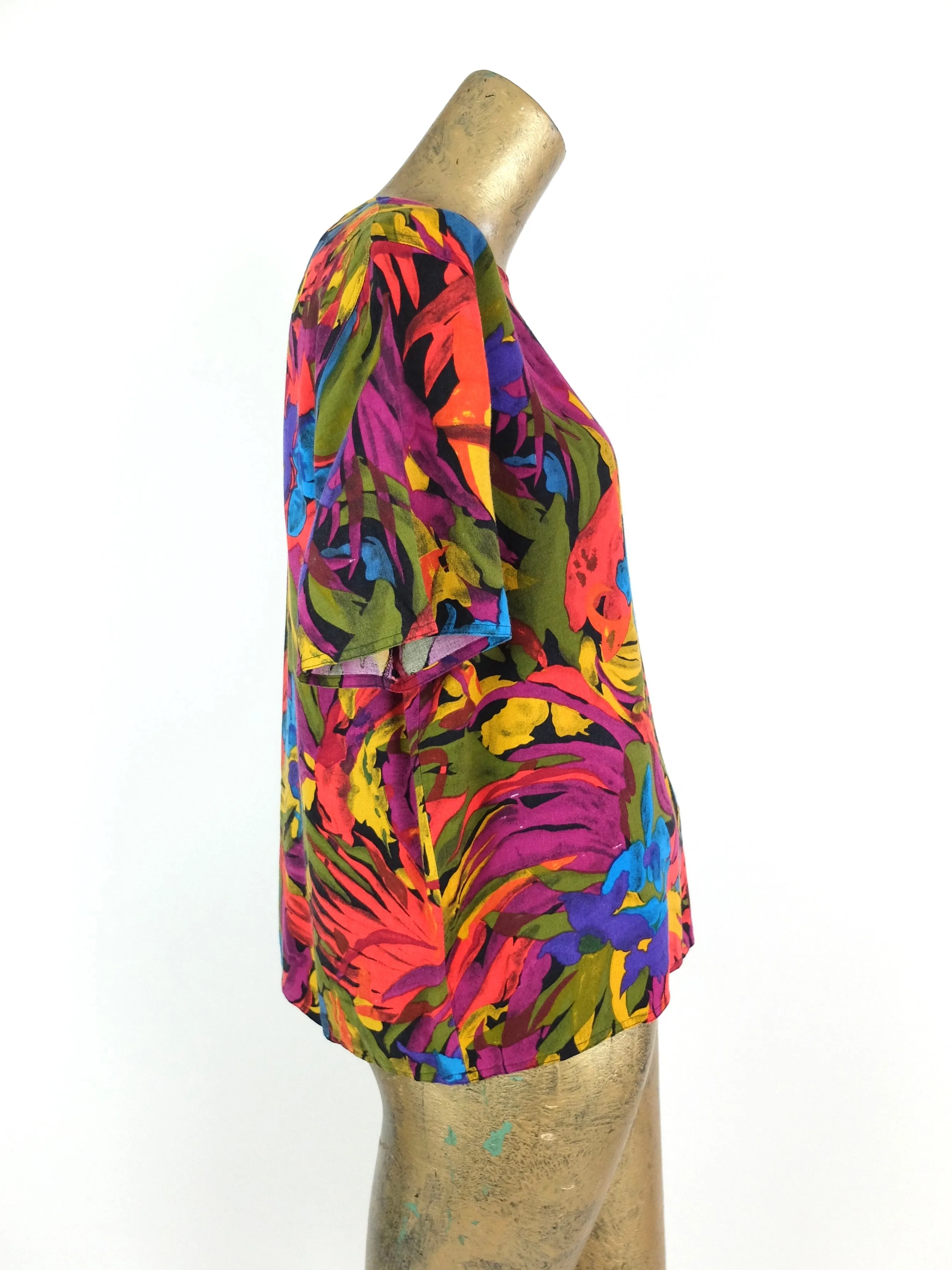 80s Floral Tropical Short Sleeve Blouse