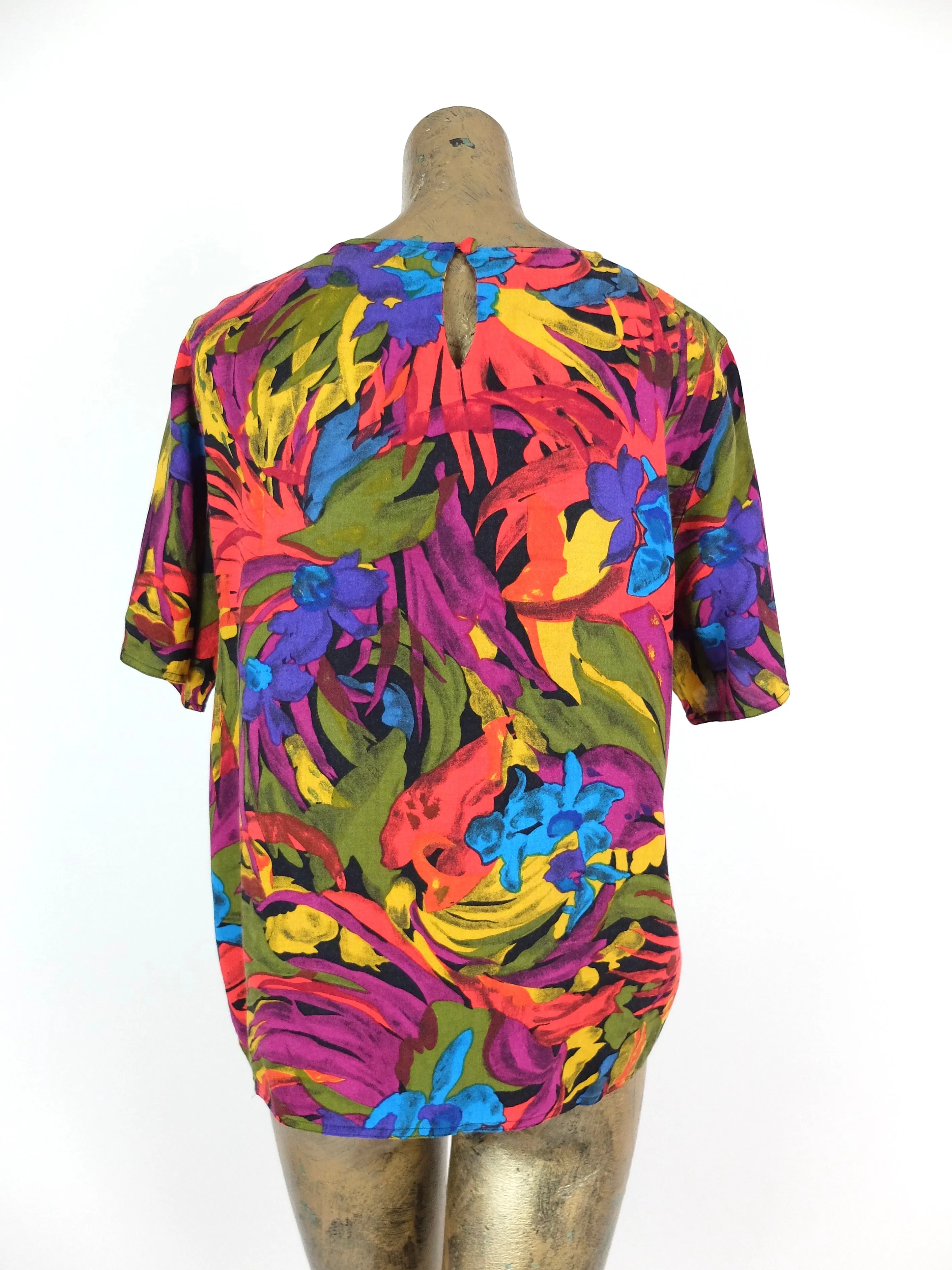 80s Floral Tropical Short Sleeve Blouse