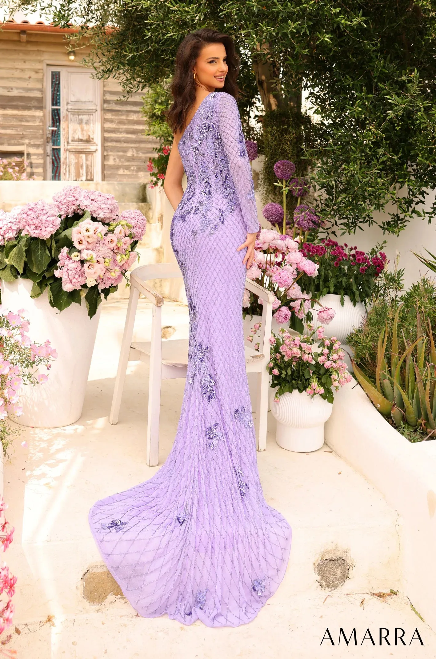 Amarra 94027 Long Prom Dress Mermaid One Shoulder Long Sleeve Sequin Crystals Formal Pageant Gown