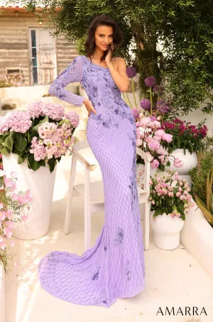 Amarra 94027 Long Prom Dress Mermaid One Shoulder Long Sleeve Sequin Crystals Formal Pageant Gown