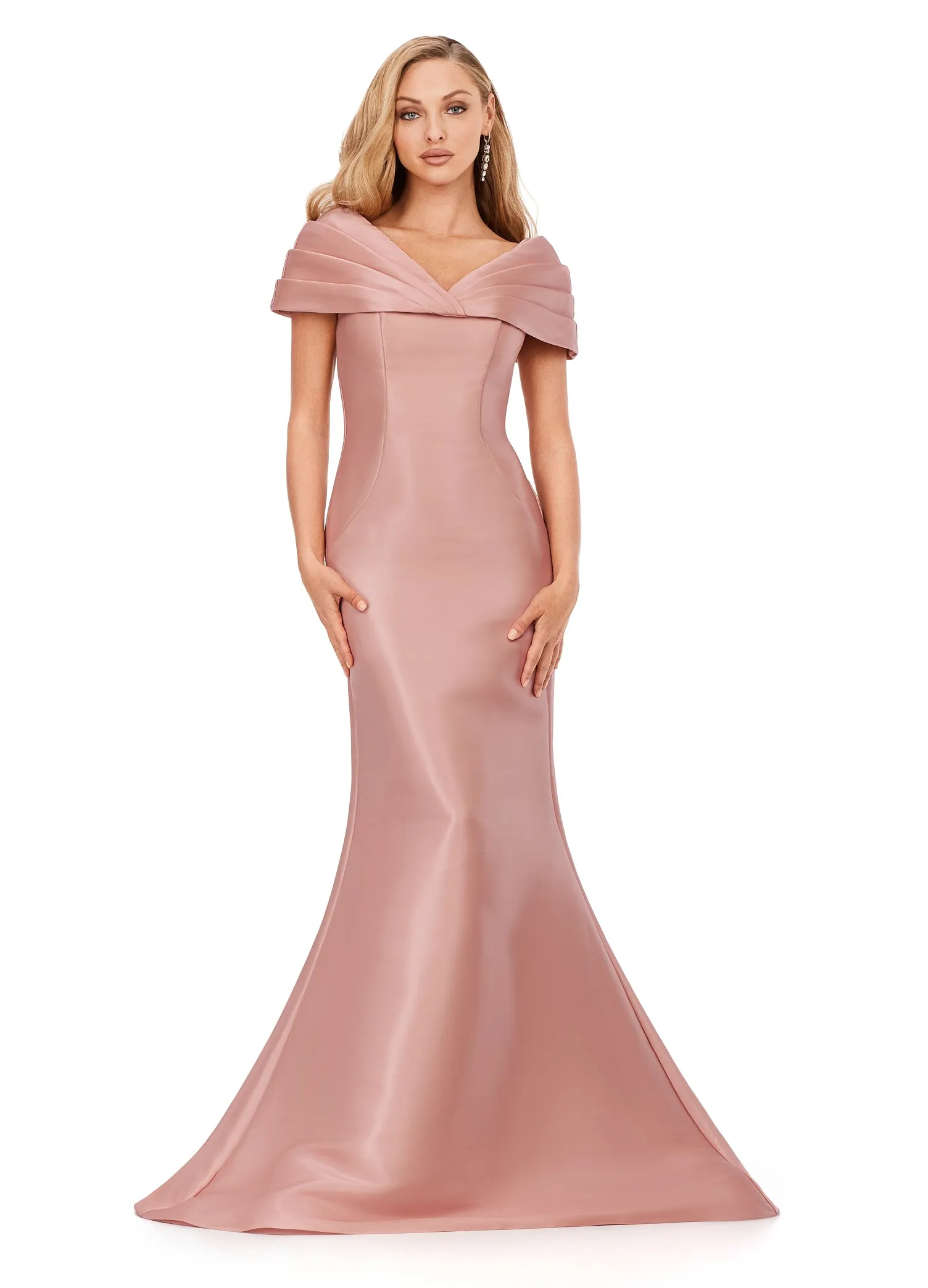 Ashley Lauren 11300 Phantom Satin Evening Gown Mother of Dress Pleated Off The Shoulder Cape Mermaid Sweeping Train