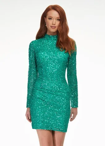 Ashley Lauren 4252 Size 12 Jade Cocktail Dress long sleeve short sequin fitted homecoming dress