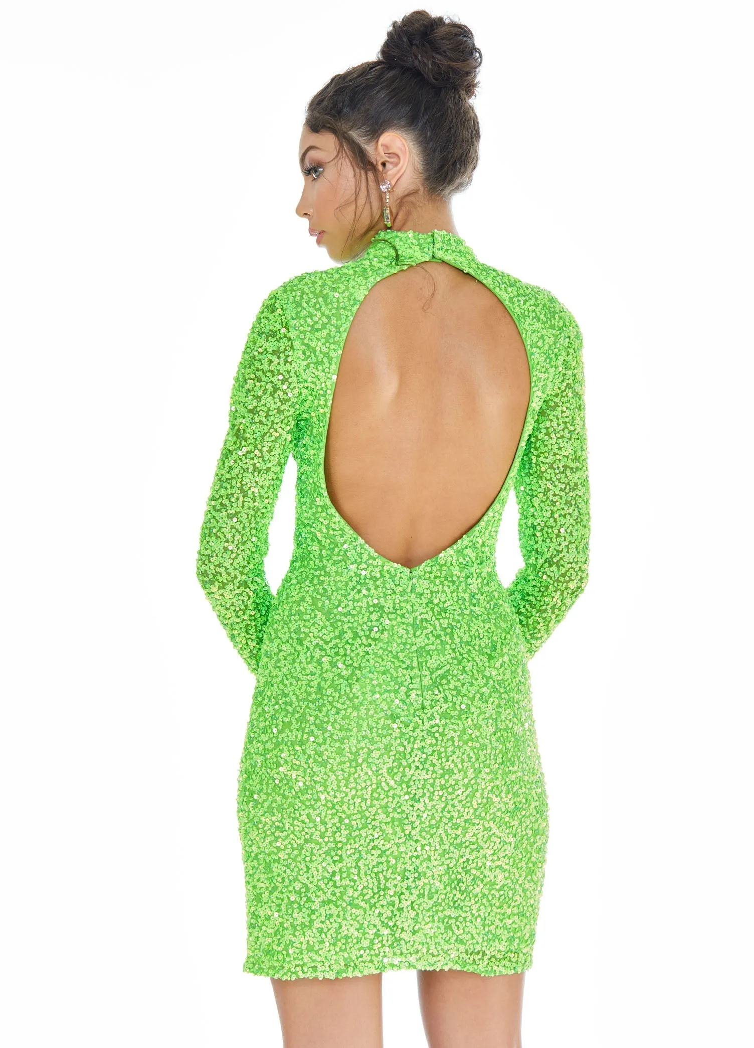 Ashley Lauren 4252 Size 12 Jade Cocktail Dress long sleeve short sequin fitted homecoming dress