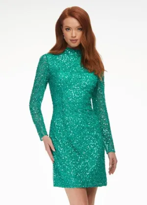 Ashley Lauren 4252 Size 12 Jade Cocktail Dress long sleeve short sequin fitted homecoming dress