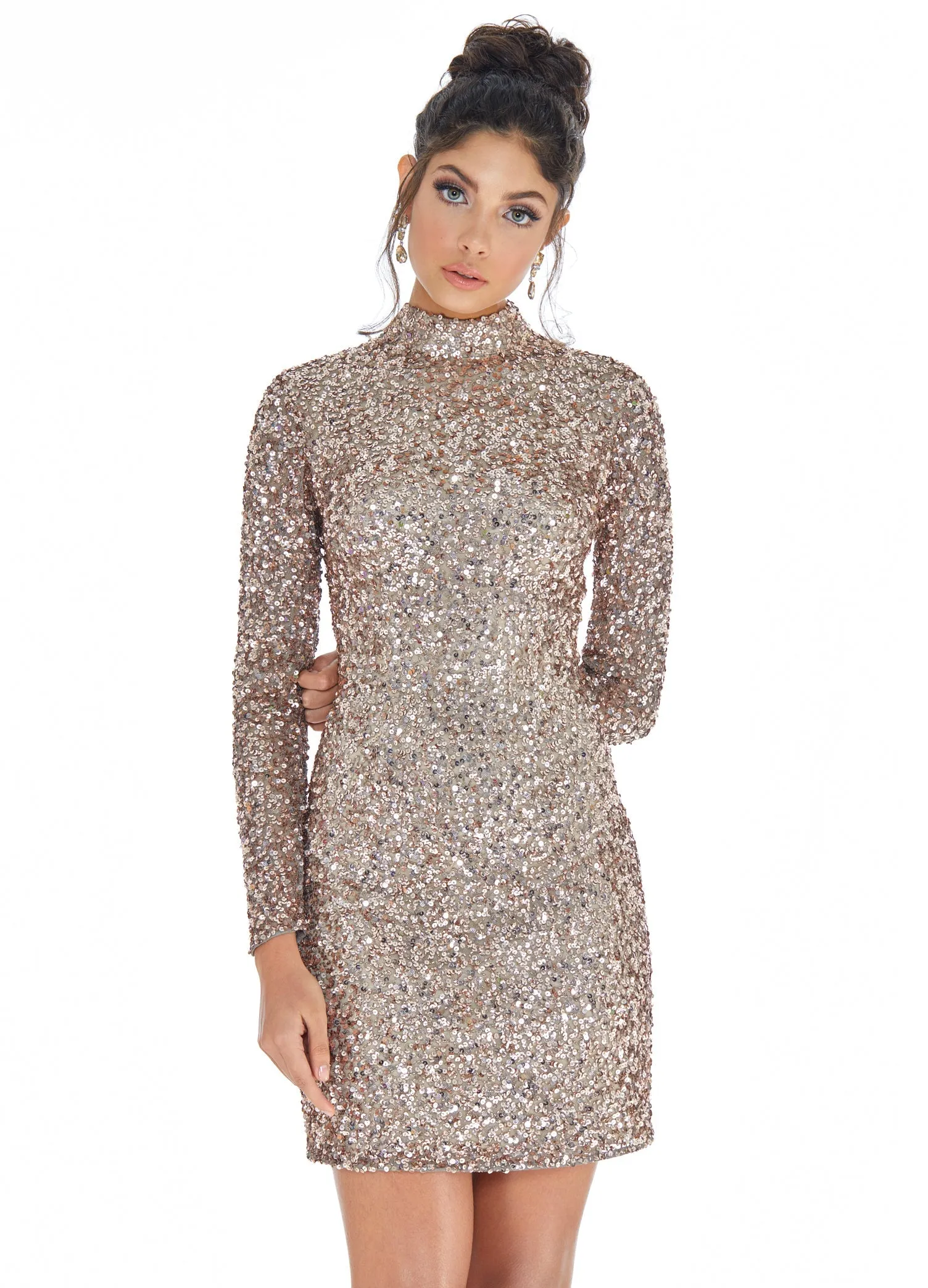 Ashley Lauren 4252 Size 12 Jade Cocktail Dress long sleeve short sequin fitted homecoming dress