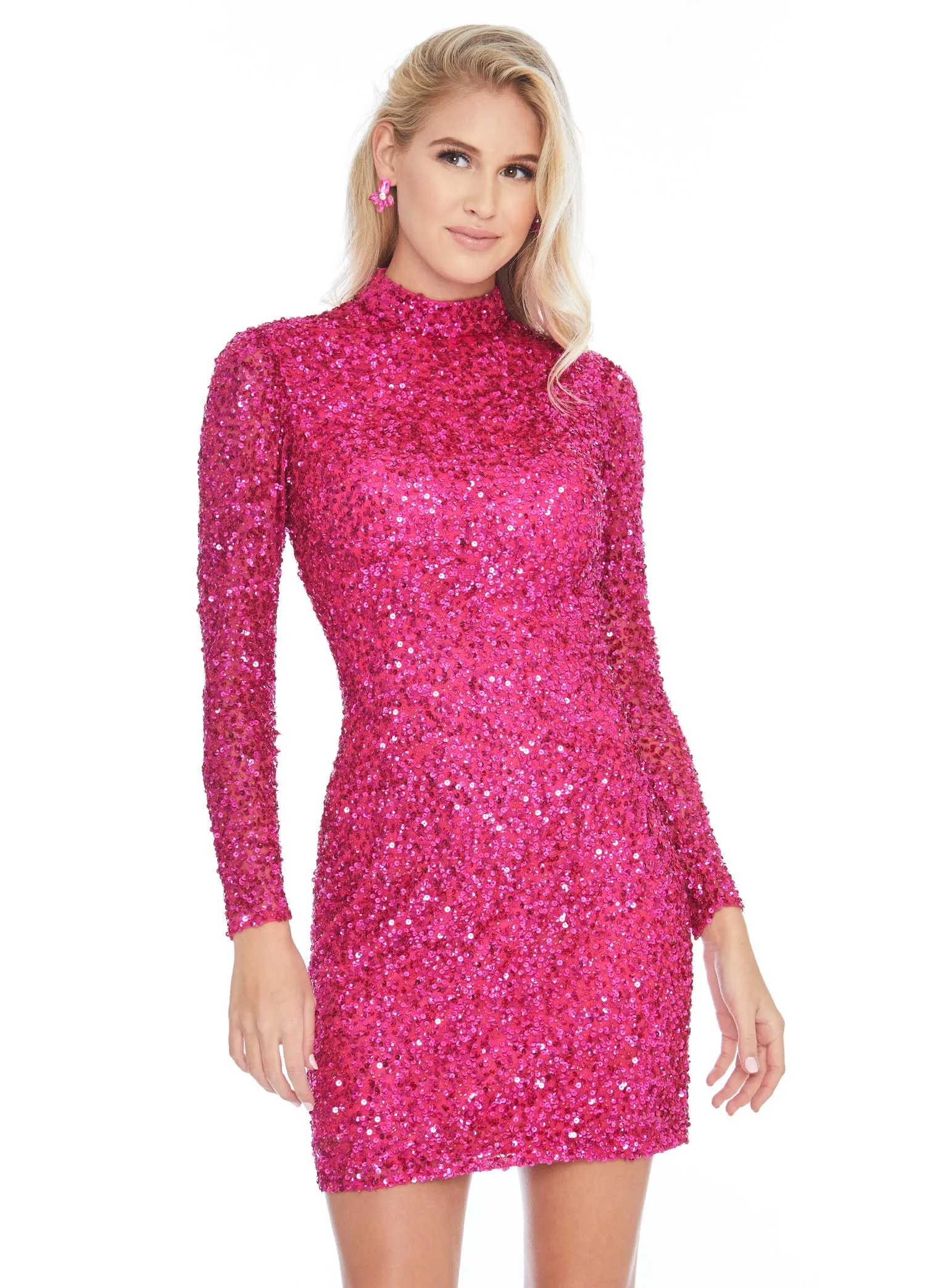 Ashley Lauren 4252 Size 12 Jade Cocktail Dress long sleeve short sequin fitted homecoming dress