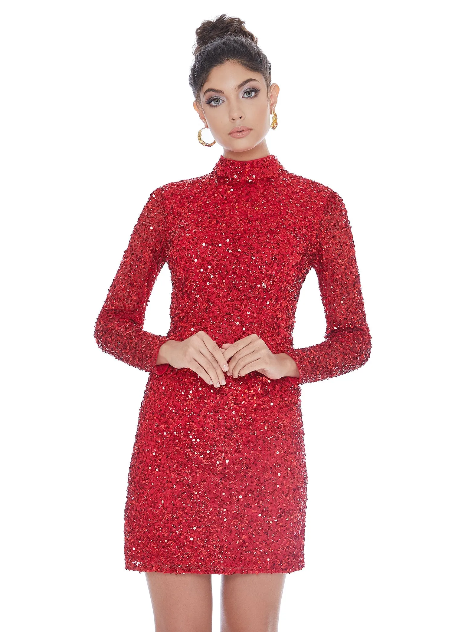Ashley Lauren 4252 Size 12 Jade Cocktail Dress long sleeve short sequin fitted homecoming dress