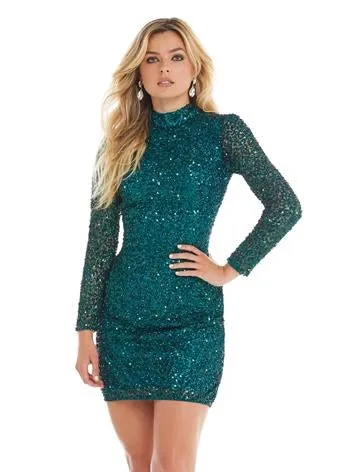 Ashley Lauren 4252 Size 12 Jade Cocktail Dress long sleeve short sequin fitted homecoming dress