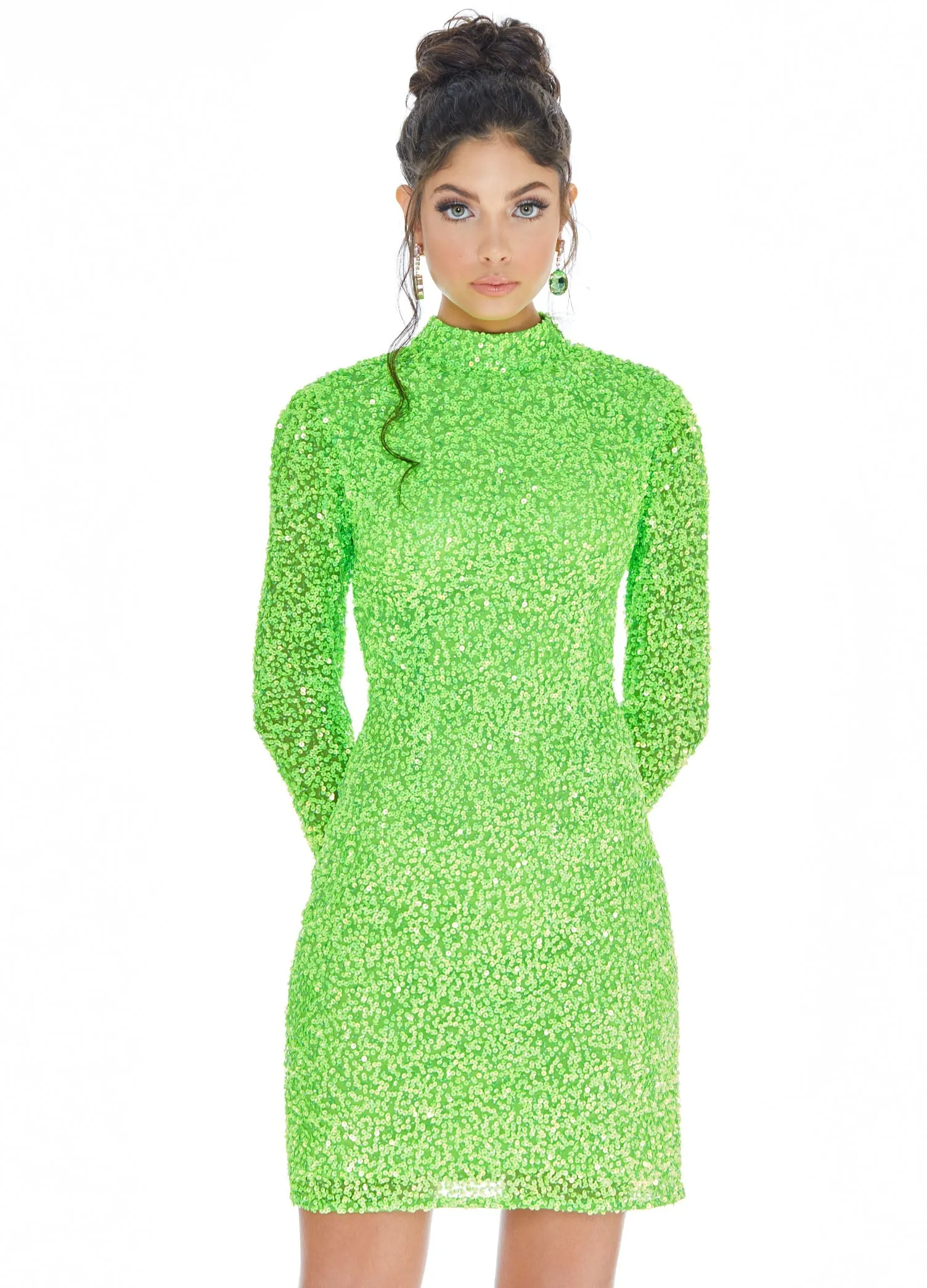 Ashley Lauren 4252 Size 12 Jade Cocktail Dress long sleeve short sequin fitted homecoming dress