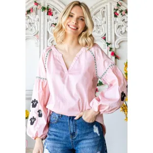 Band Collar Embroidered Puff Sleeve Peasant Blouse