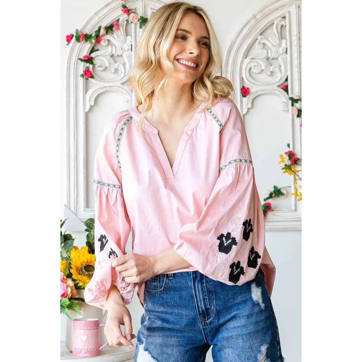 Band Collar Embroidered Puff Sleeve Peasant Blouse
