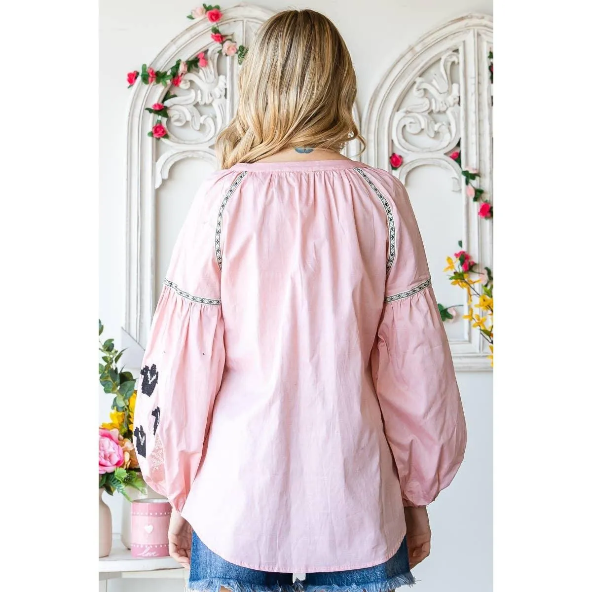 Band Collar Embroidered Puff Sleeve Peasant Blouse