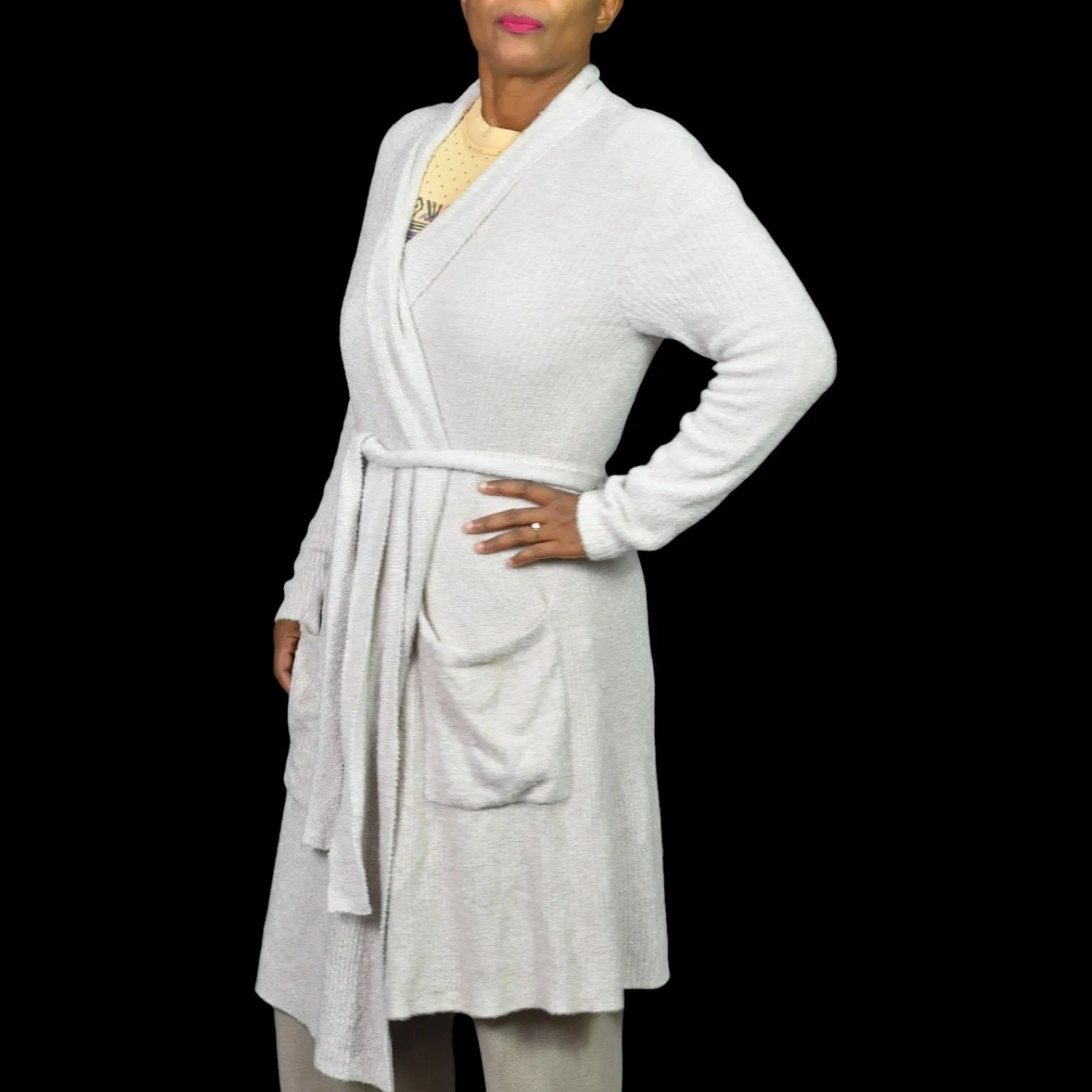 Barefoot Dreams CozyChic Lite Ribbed Robe Oatmeal Taupe Beige Fuzzy Slouchy Wrap Size Small Medium