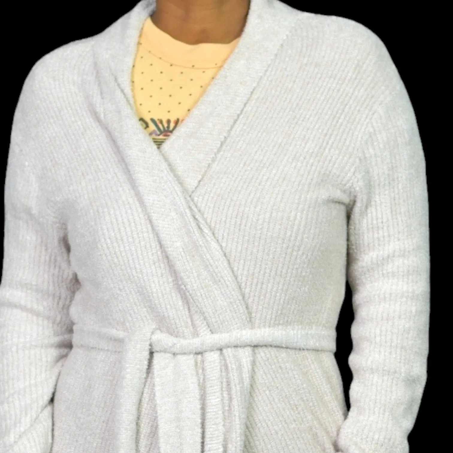 Barefoot Dreams CozyChic Lite Ribbed Robe Oatmeal Taupe Beige Fuzzy Slouchy Wrap Size Small Medium