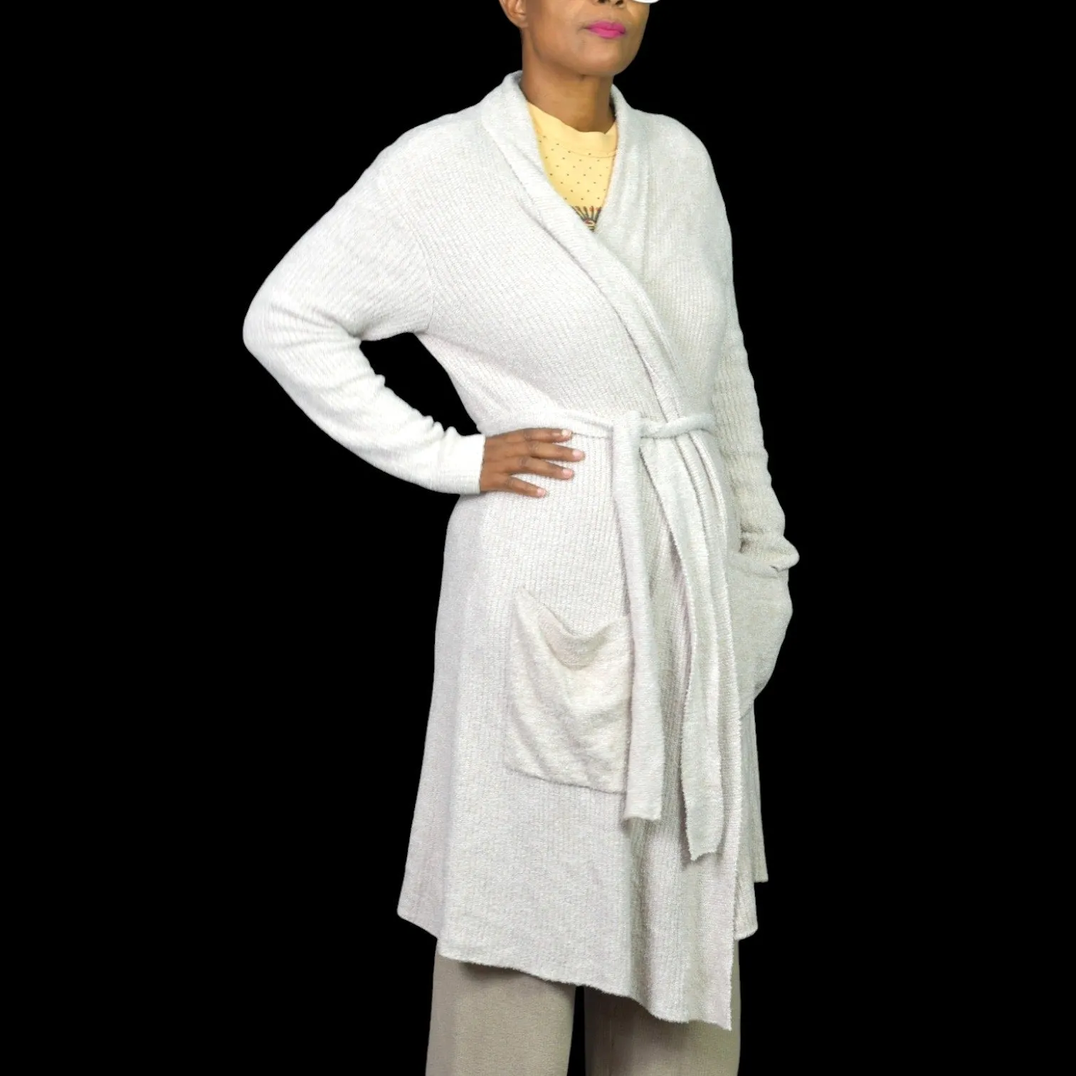 Barefoot Dreams CozyChic Lite Ribbed Robe Oatmeal Taupe Beige Fuzzy Slouchy Wrap Size Small Medium