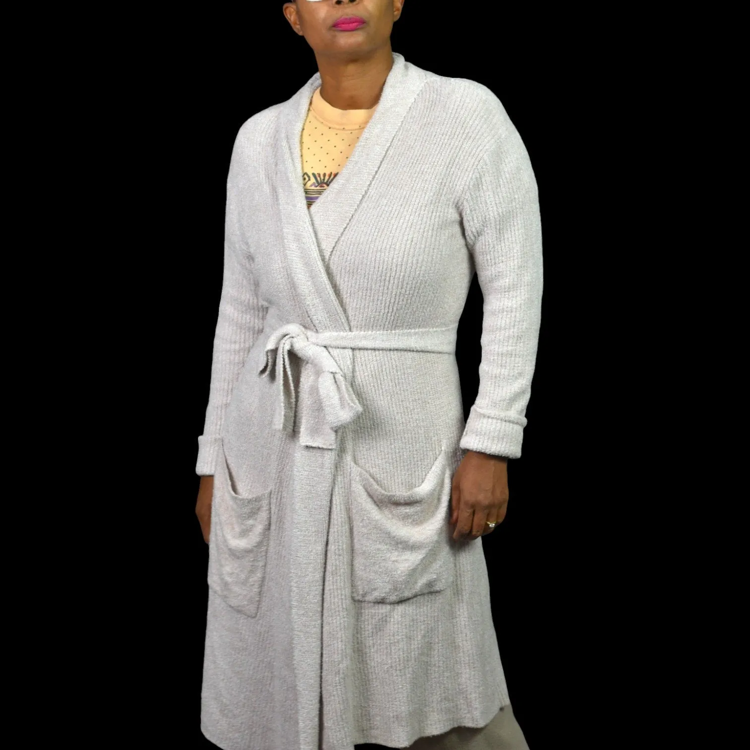 Barefoot Dreams CozyChic Lite Ribbed Robe Oatmeal Taupe Beige Fuzzy Slouchy Wrap Size Small Medium