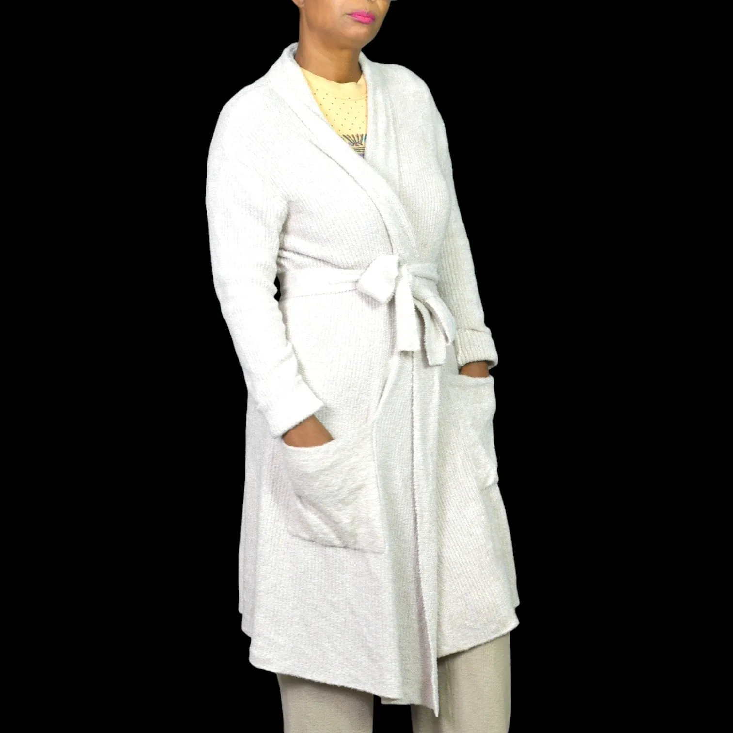 Barefoot Dreams CozyChic Lite Ribbed Robe Oatmeal Taupe Beige Fuzzy Slouchy Wrap Size Small Medium