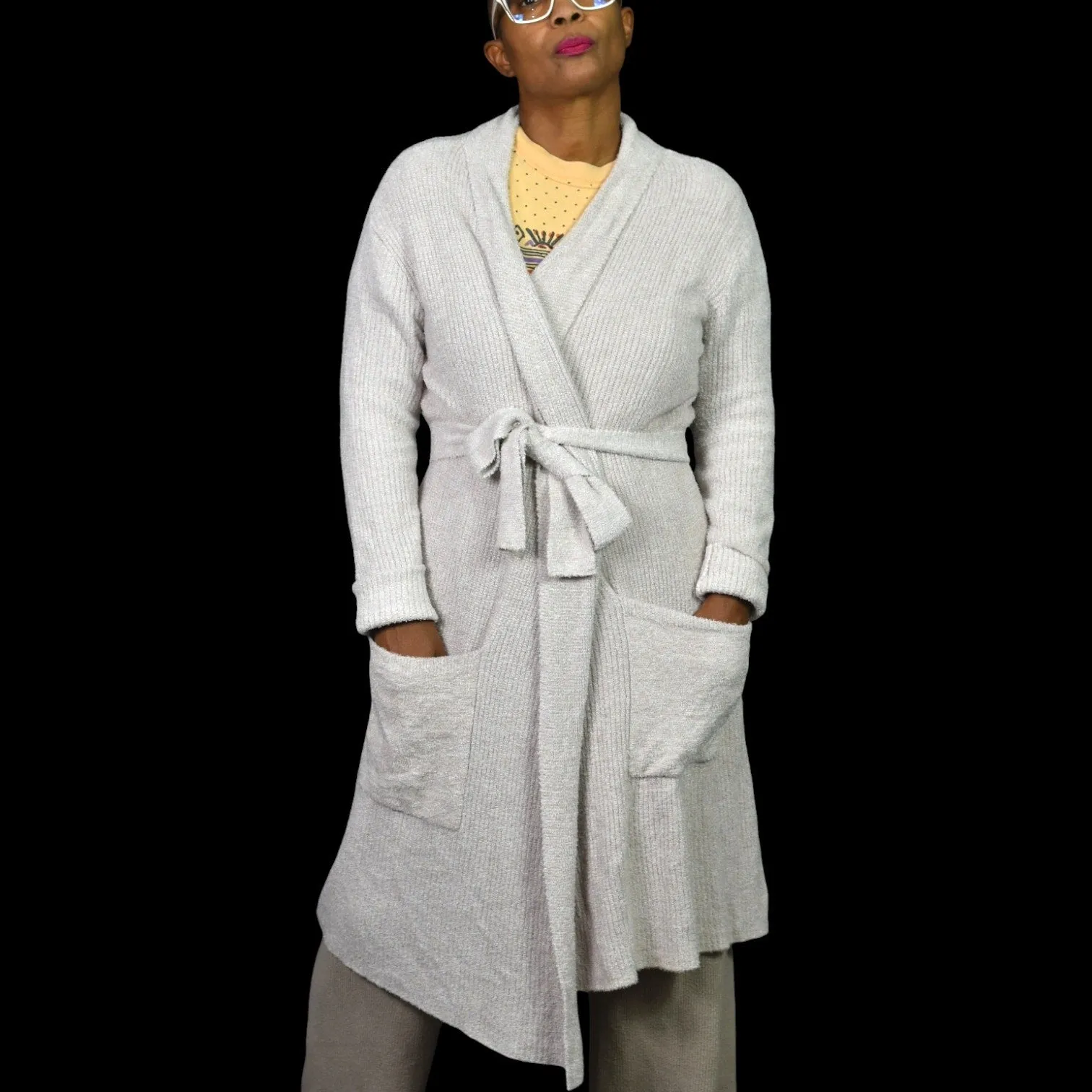 Barefoot Dreams CozyChic Lite Ribbed Robe Oatmeal Taupe Beige Fuzzy Slouchy Wrap Size Small Medium