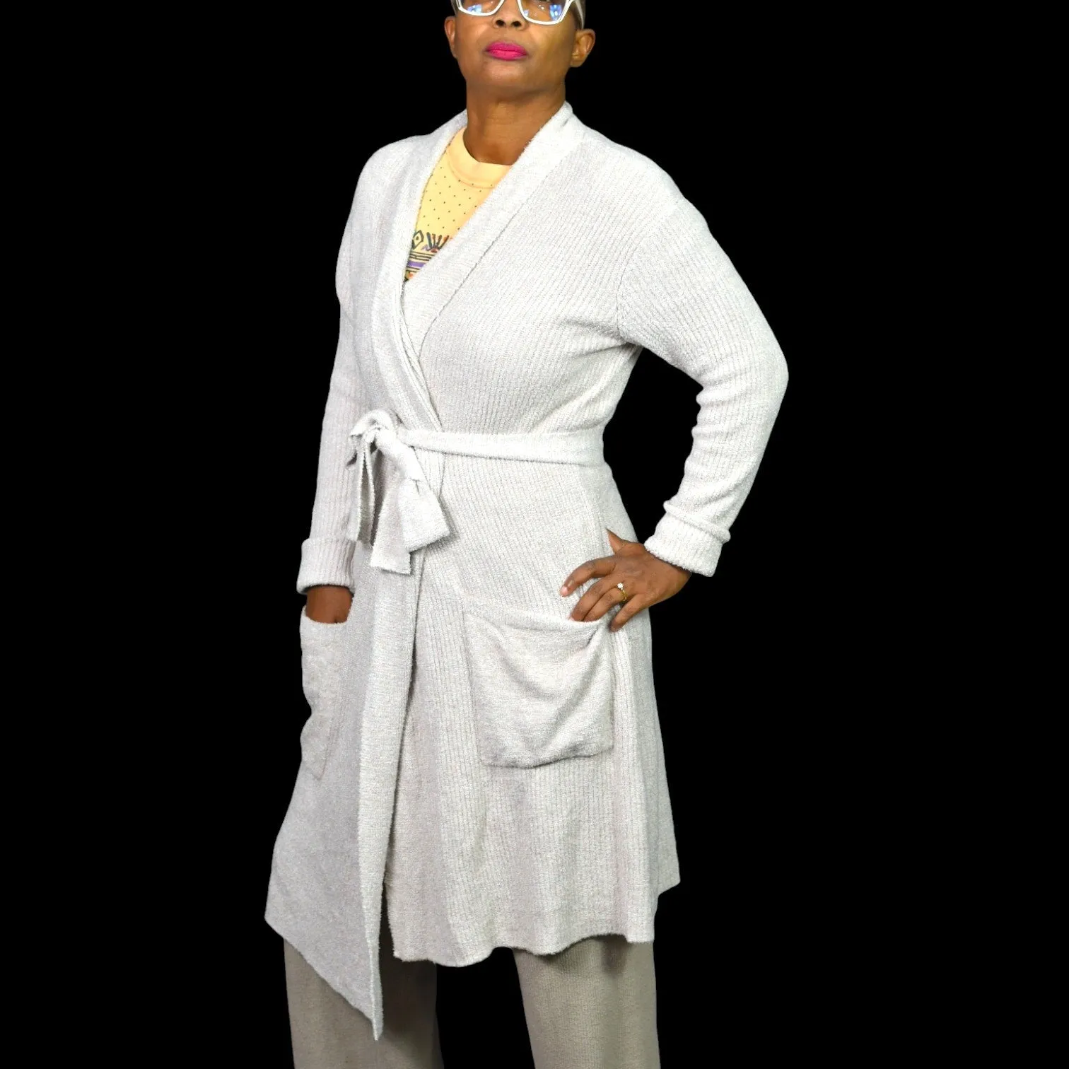 Barefoot Dreams CozyChic Lite Ribbed Robe Oatmeal Taupe Beige Fuzzy Slouchy Wrap Size Small Medium