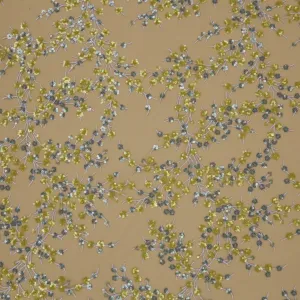 Beige and Yellow Sequined Floral Embroidered Tulle Fabric