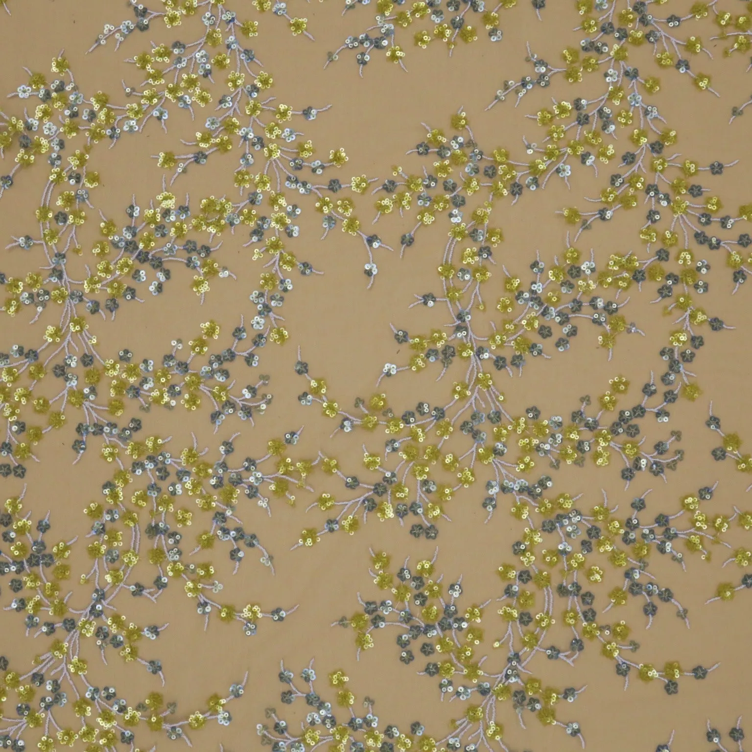 Beige and Yellow Sequined Floral Embroidered Tulle Fabric
