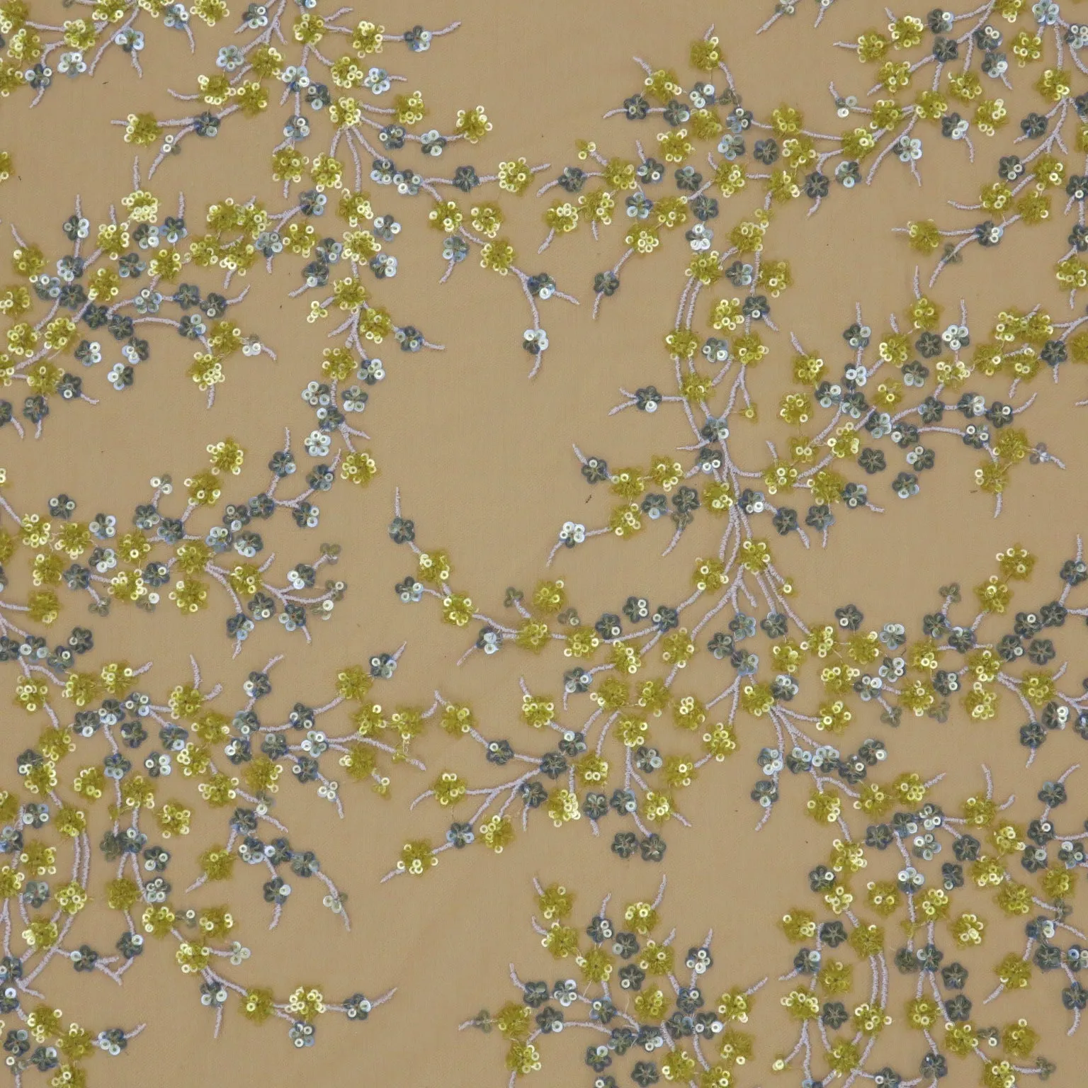 Beige and Yellow Sequined Floral Embroidered Tulle Fabric