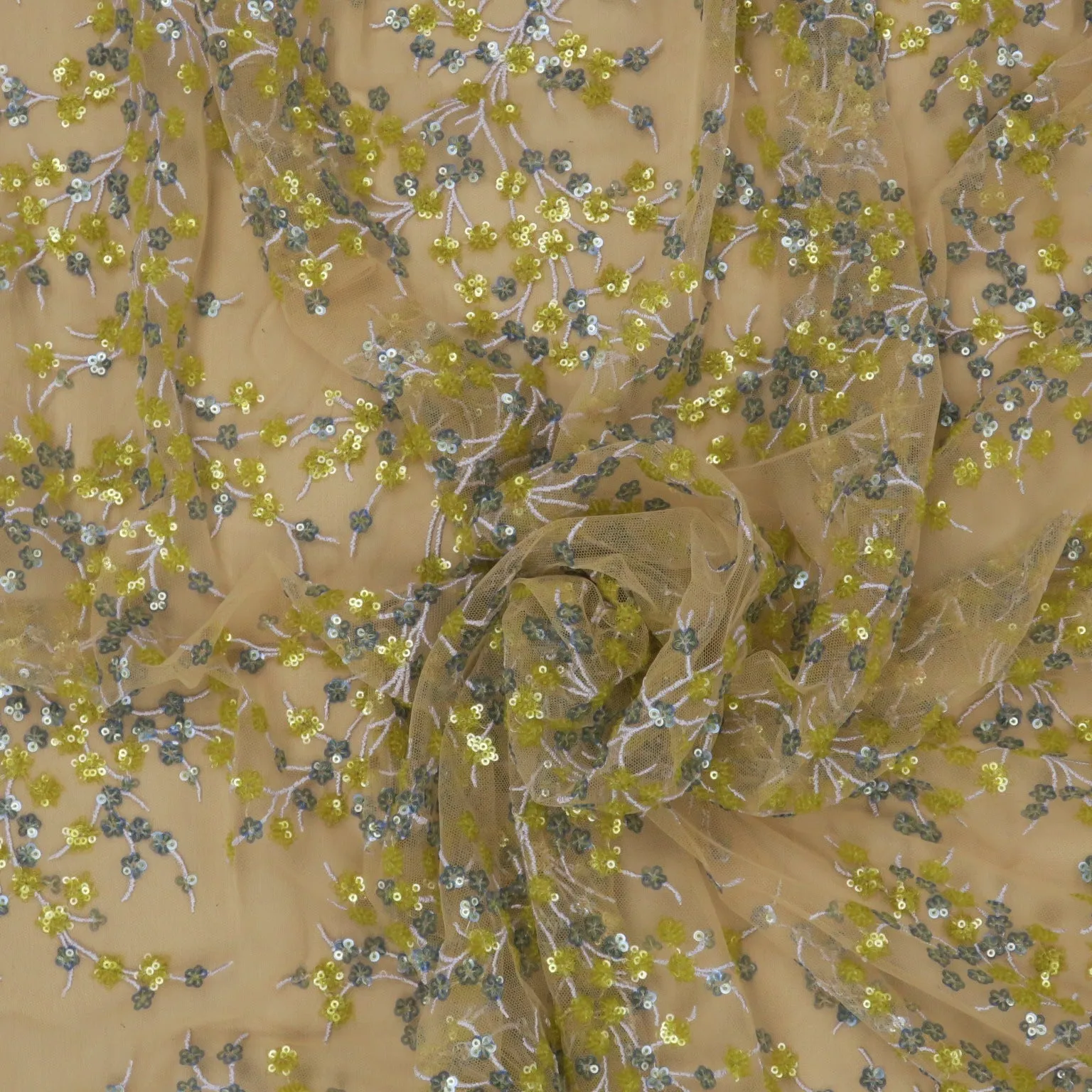 Beige and Yellow Sequined Floral Embroidered Tulle Fabric
