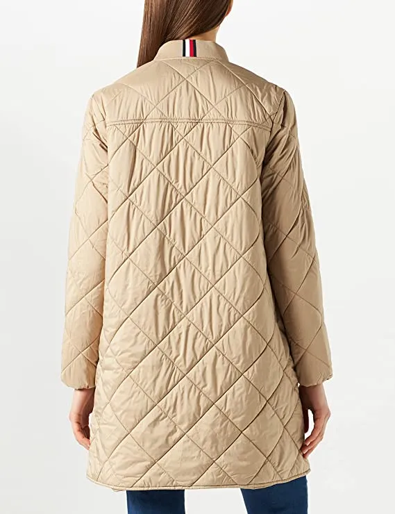 Beige Ladies Quilted Long Bomber Coat Jacket - Thi