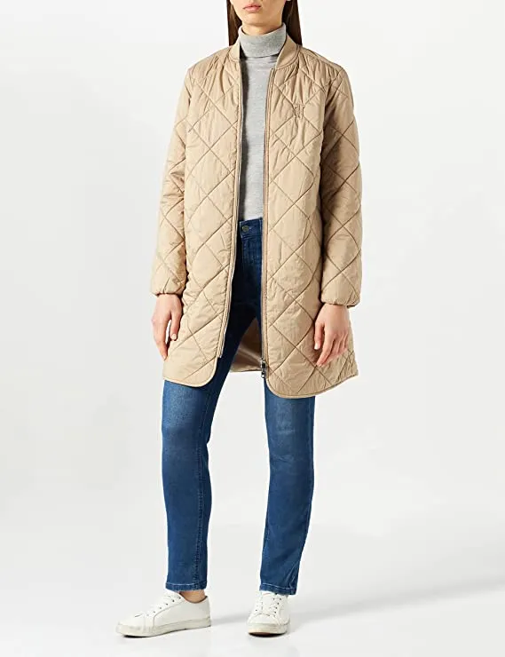 Beige Ladies Quilted Long Bomber Coat Jacket - Thi