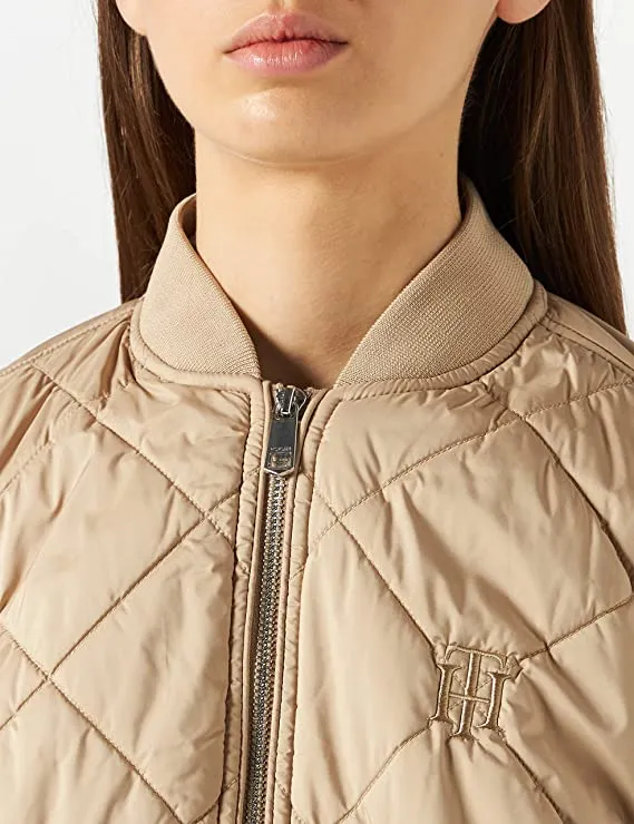 Beige Ladies Quilted Long Bomber Coat Jacket - Thi