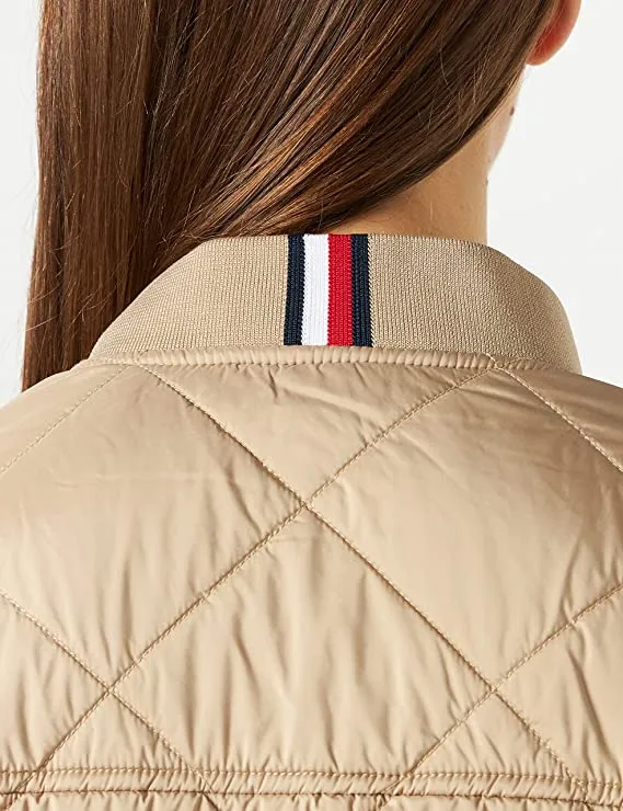 Beige Ladies Quilted Long Bomber Coat Jacket - Thi